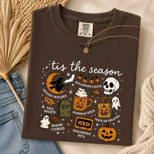 Comfort Colors Tis The Season Shirt, Halloween Pumpkin Spice Tee, Spooky Fall Graphic Ghost Witch Skull Trick Or Treat Top - photo 4