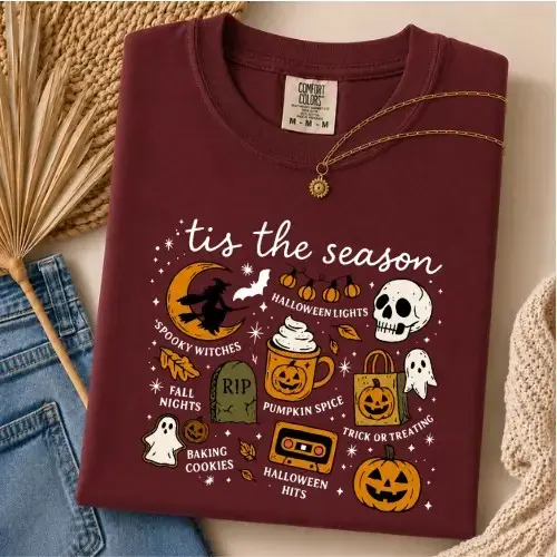 Comfort Colors Tis The Season Shirt, Halloween Pumpkin Spice Tee, Spooky Fall Graphic Ghost Witch Skull Trick Or Treat Top - photo 5