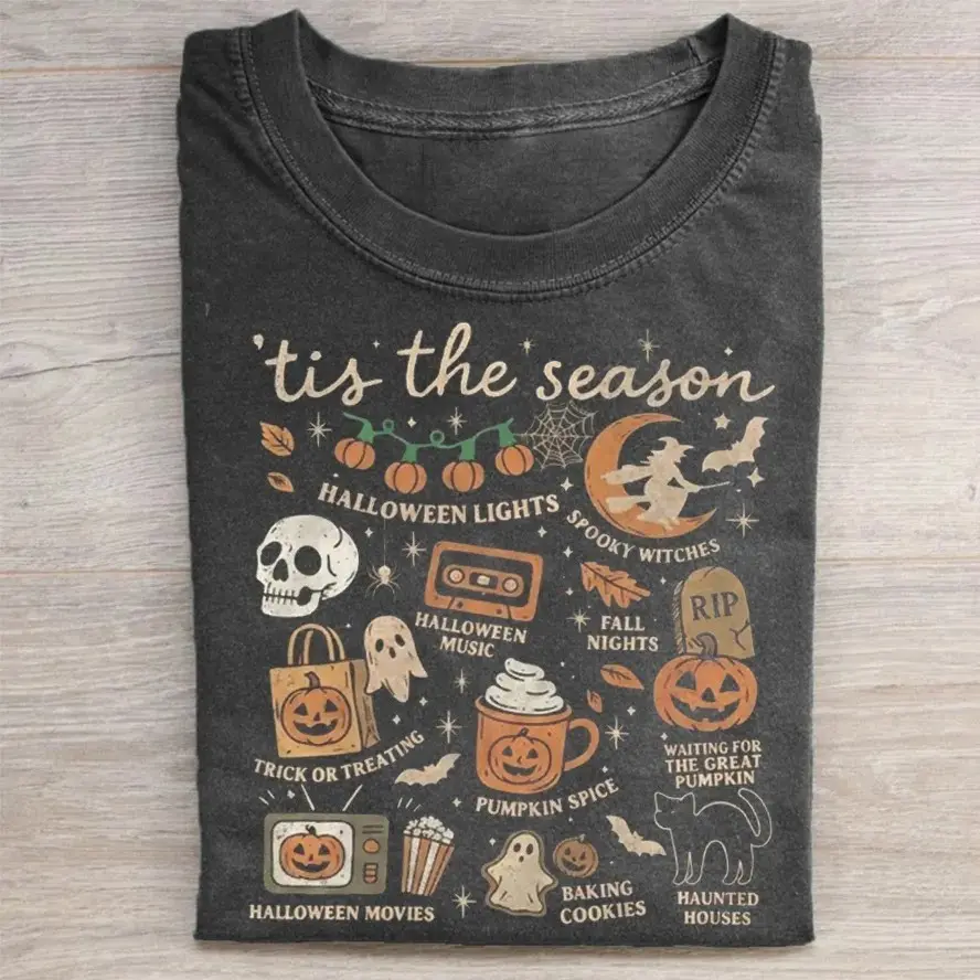 Comfort Colors Tis the Season Spooky Icons Women Graphic Shirt Halloween, Cozy Retro Fall Vibes Tee Autumn Lover Gift