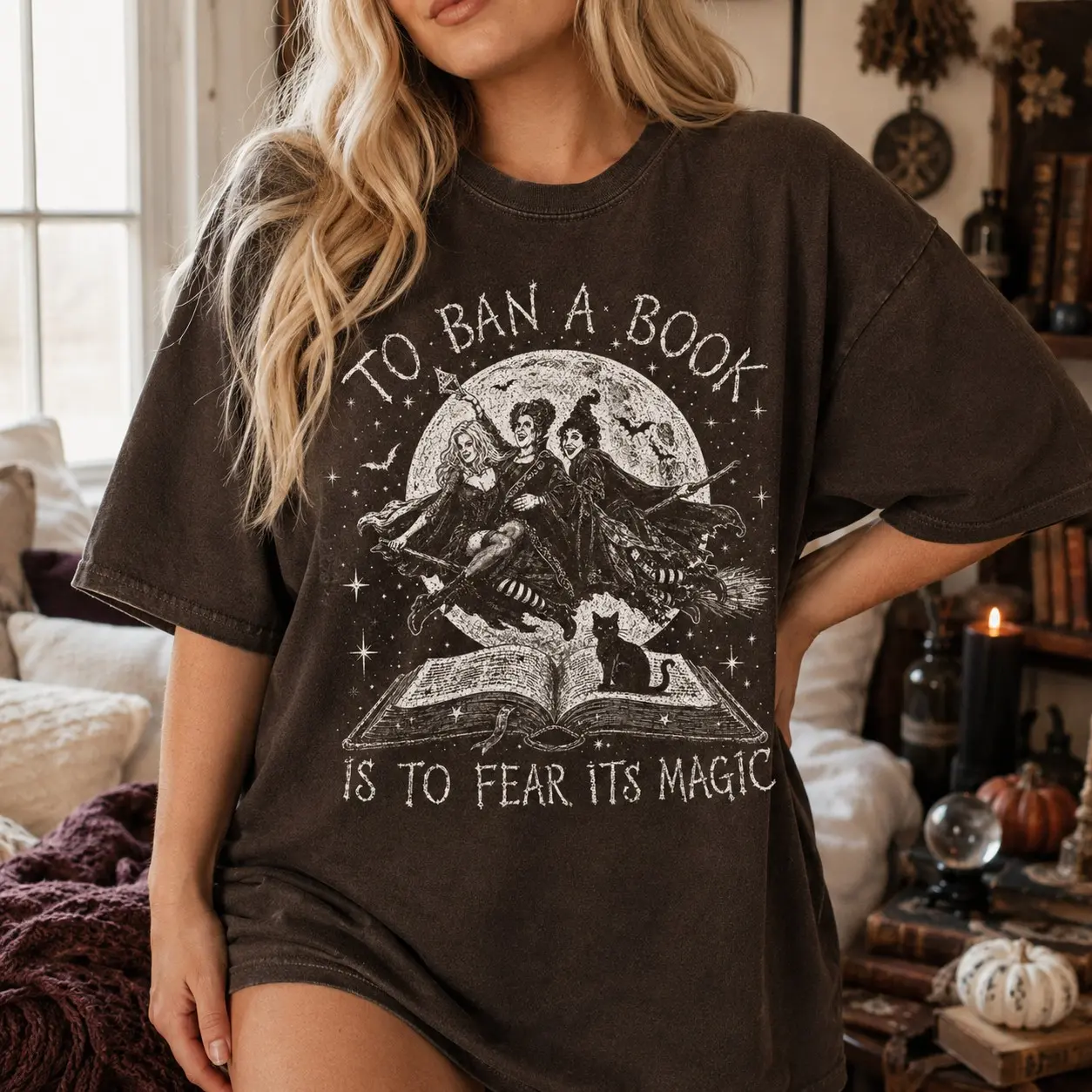 Comfort Colors To Ban A Book Is To Fear Its Magic Shirt, Witch Sisters Flying Halloween Reader Gift - photo 3