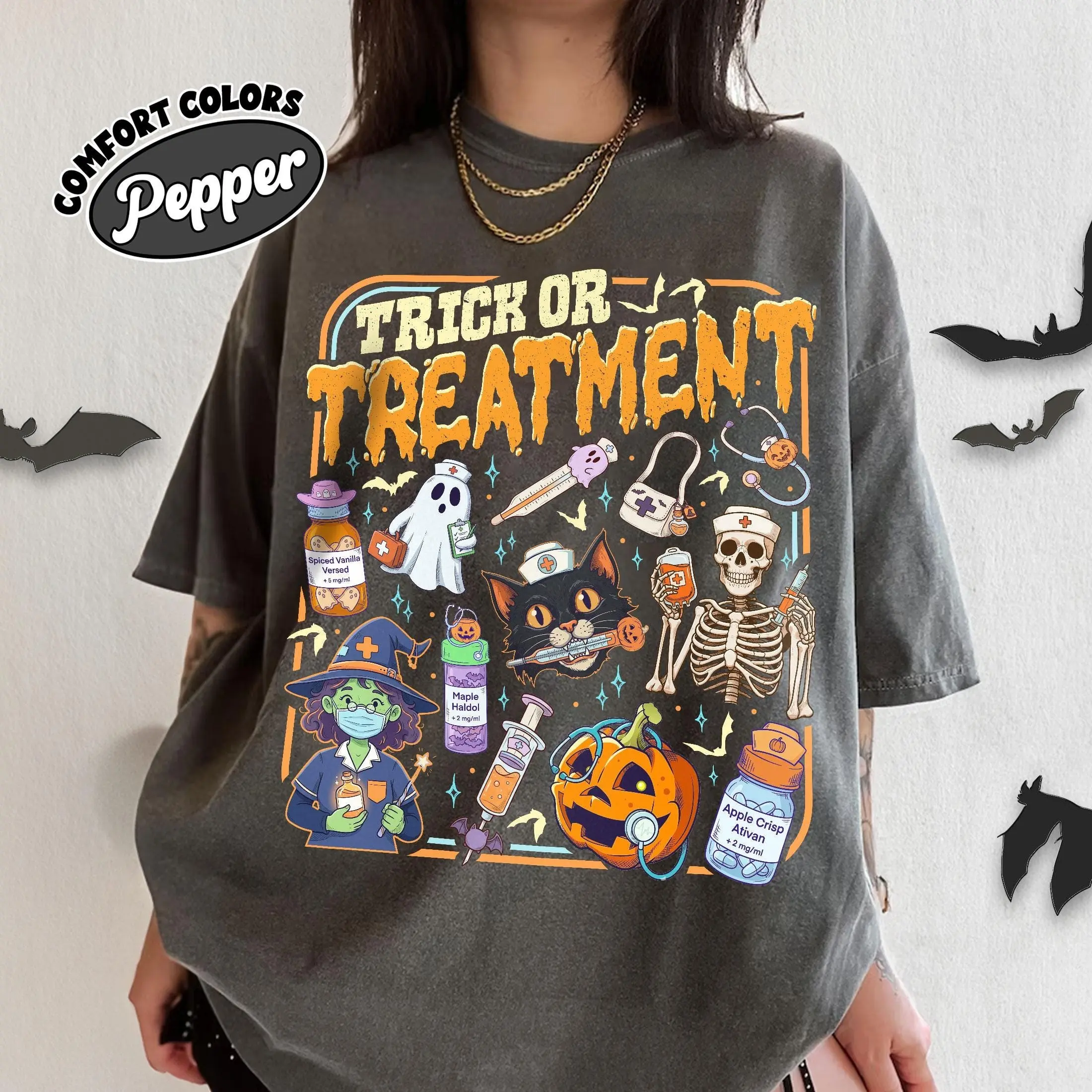 Comfort Colors Treat Or Treatment Shirt, Halloween Nurse Spooky Ghost Graphic Tee, Nursing Student Gift