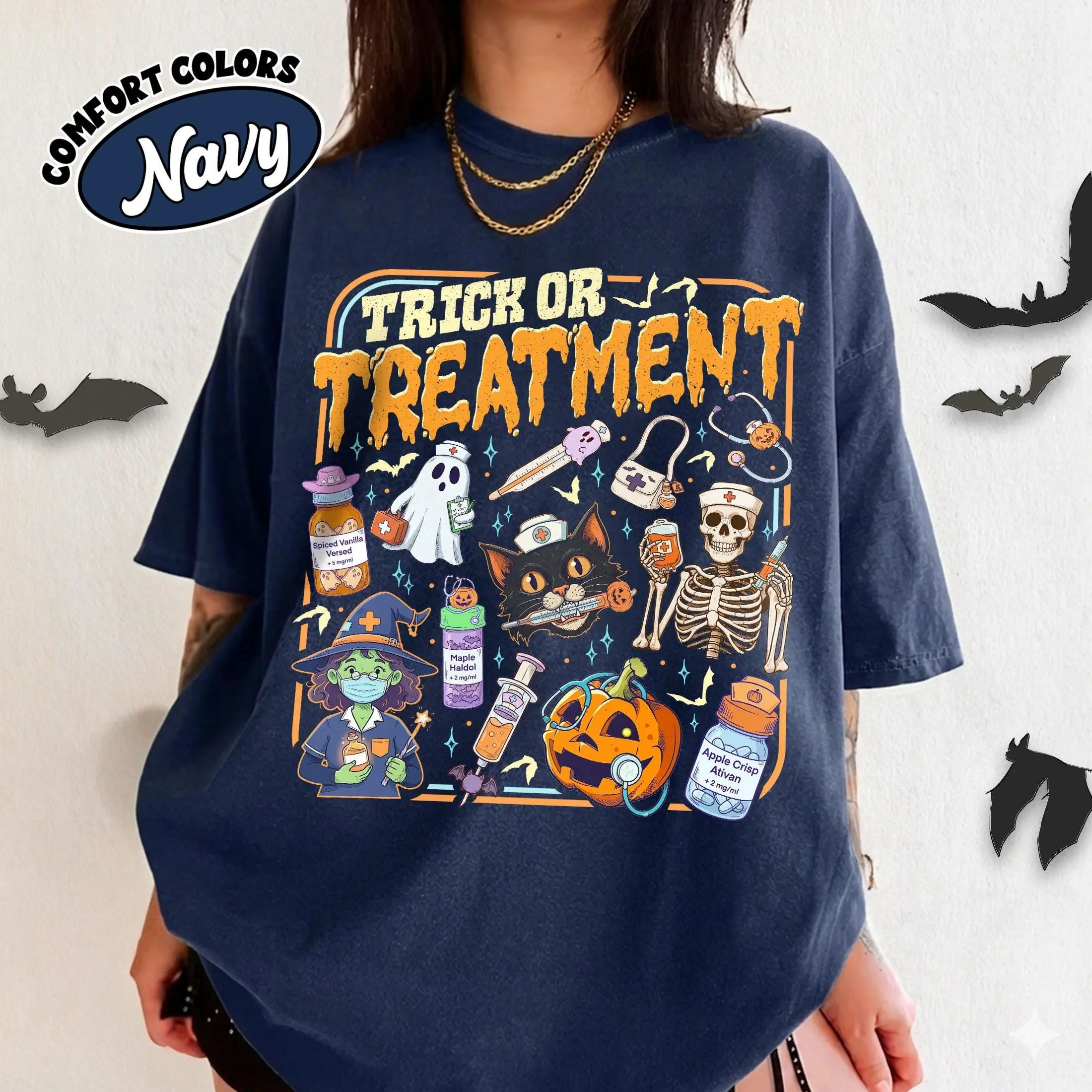 Comfort Colors Treat Or Treatment Shirt, Halloween Nurse Spooky Ghost Graphic Tee, Nursing Student Gift - photo 3