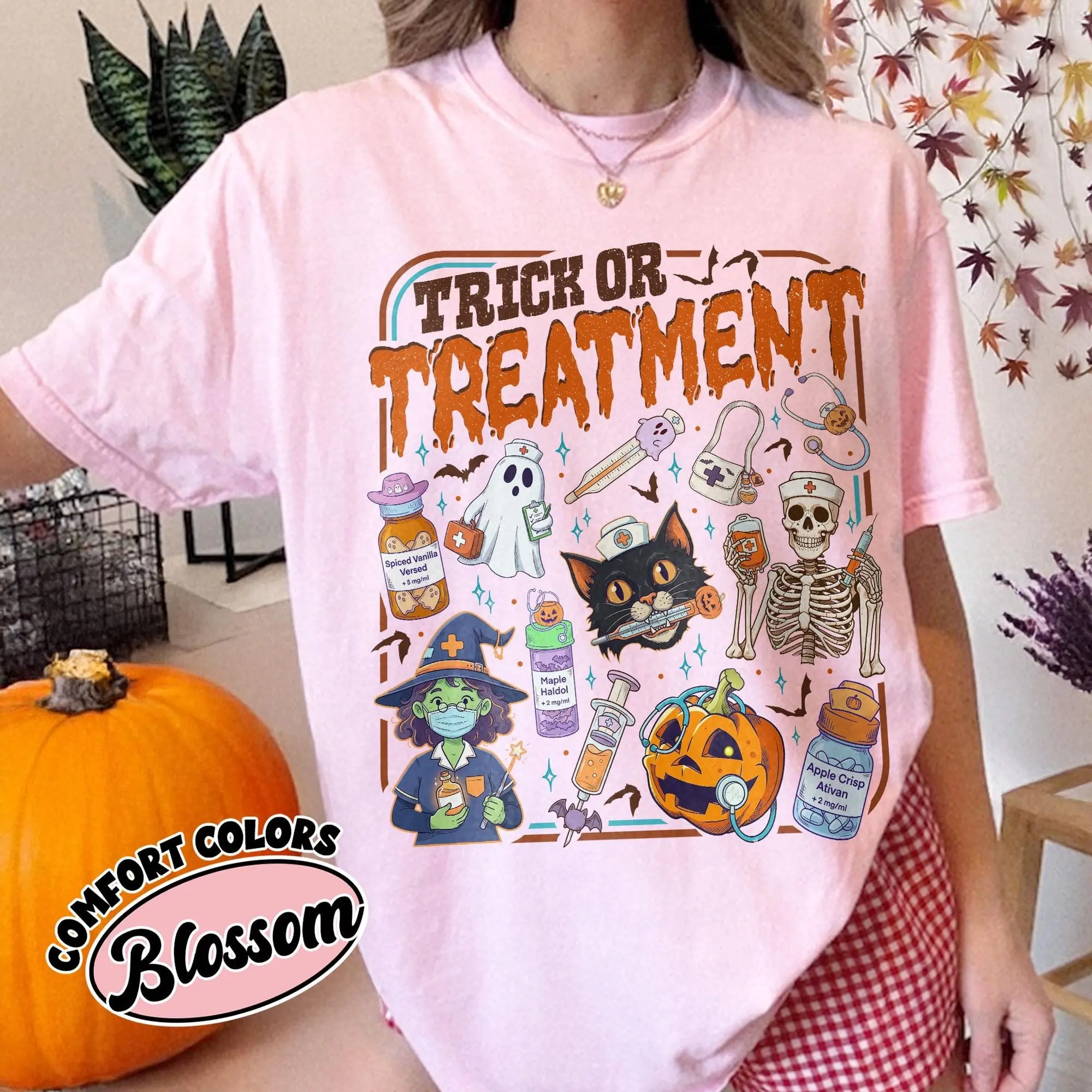 Comfort Colors Treat Or Treatment Shirt, Halloween Nurse Spooky Ghost Graphic Tee, Nursing Student Gift - photo 4