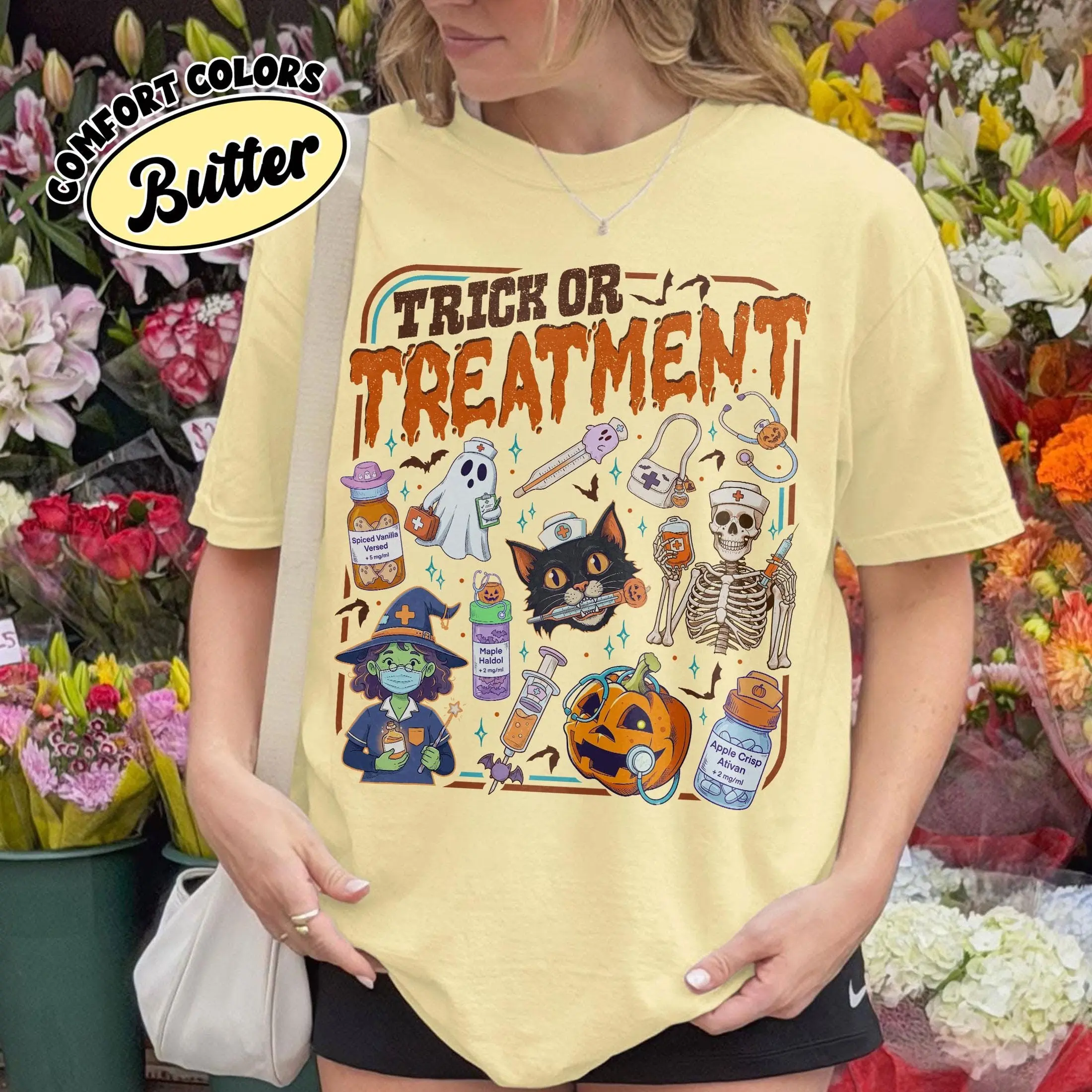 Comfort Colors Treat Or Treatment Shirt, Halloween Nurse Spooky Ghost Graphic Tee, Nursing Student Gift - photo 5