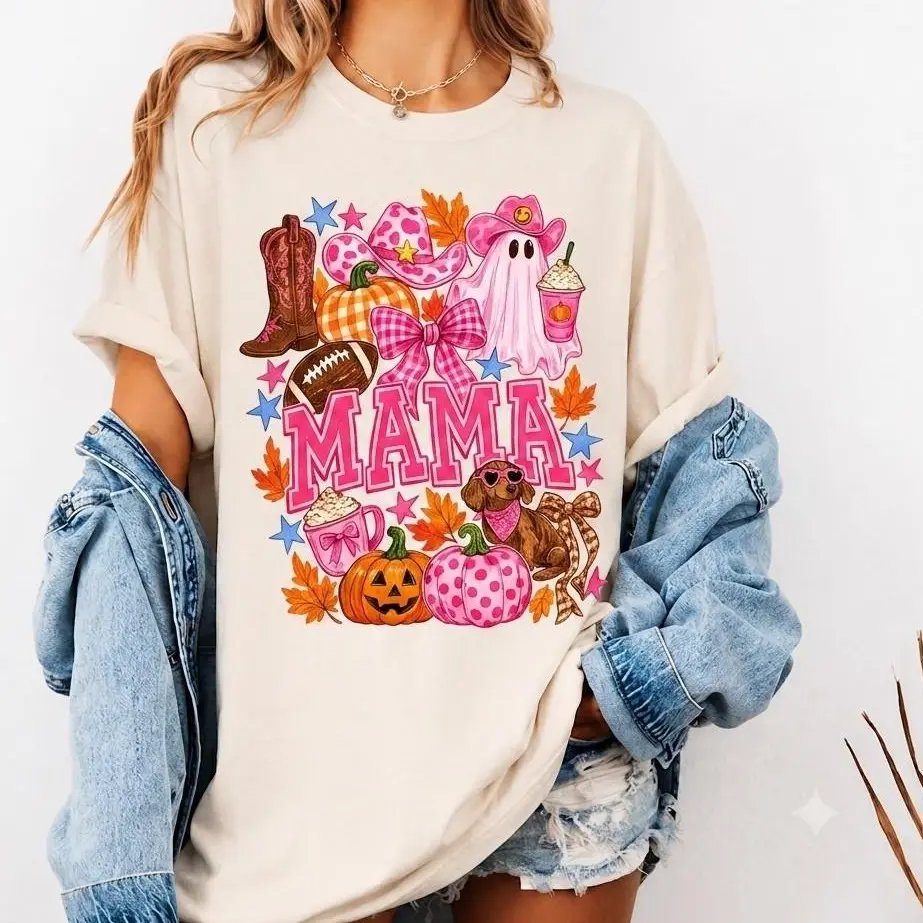 Comfort Colors Fall Mama Western Cowgirl Ghost T-Shirt, Pink Coquette Vintage Autumn Trendy Graphic Tee