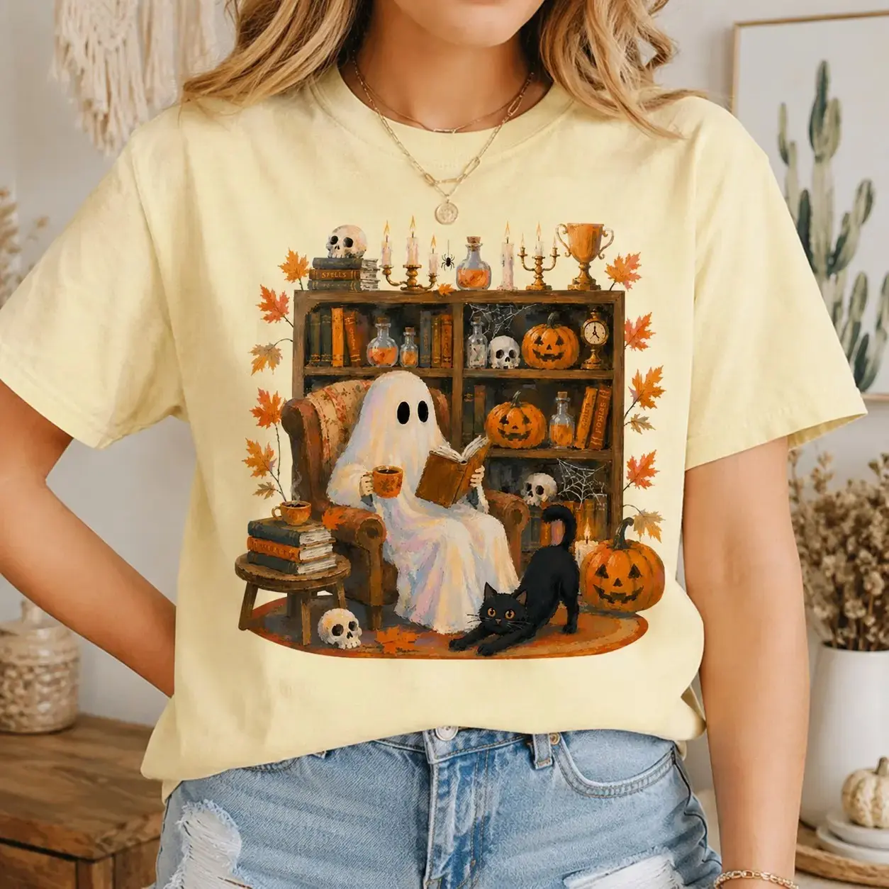 Comfort Colors Trendy Halloween Ghost Pattern Shirt for Women, Family Matching Cozy Fall Festival Top - photo 2