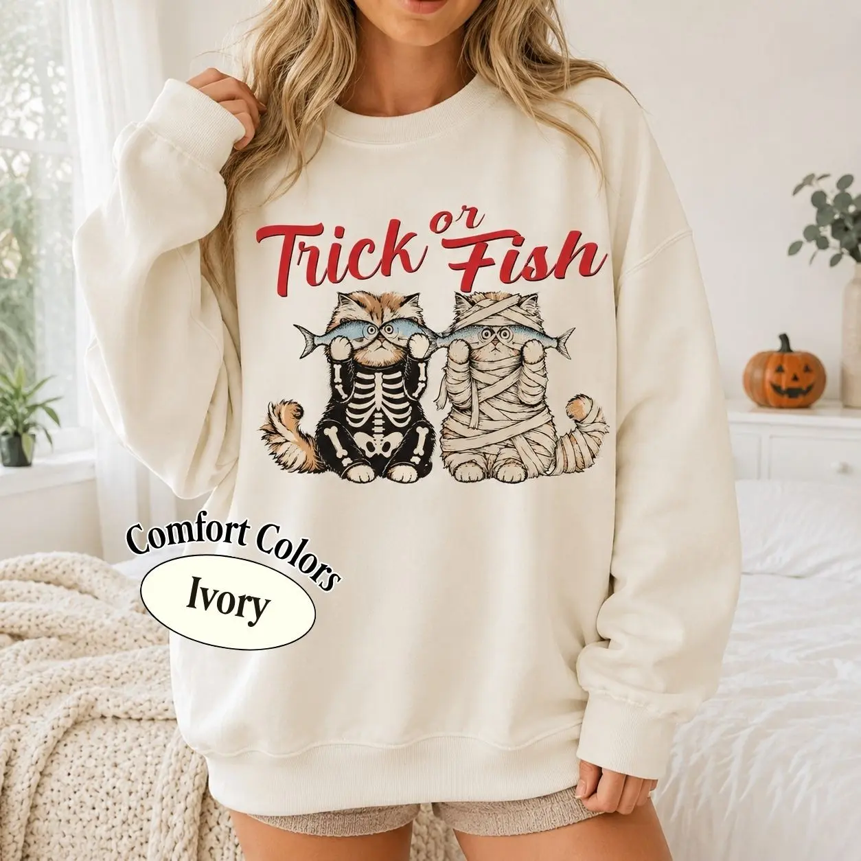 Comfort Colors Trick Or Fish Cat Shirt, Funny Skeleton And Mummy Halloween Graphic Tee, Spooky Lover Gift