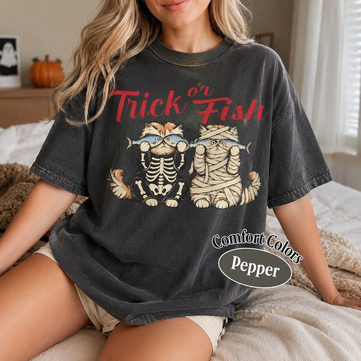 Comfort Colors Trick Or Fish Cat Shirt, Funny Skeleton And Mummy Halloween Graphic Tee, Spooky Lover Gift - photo 2