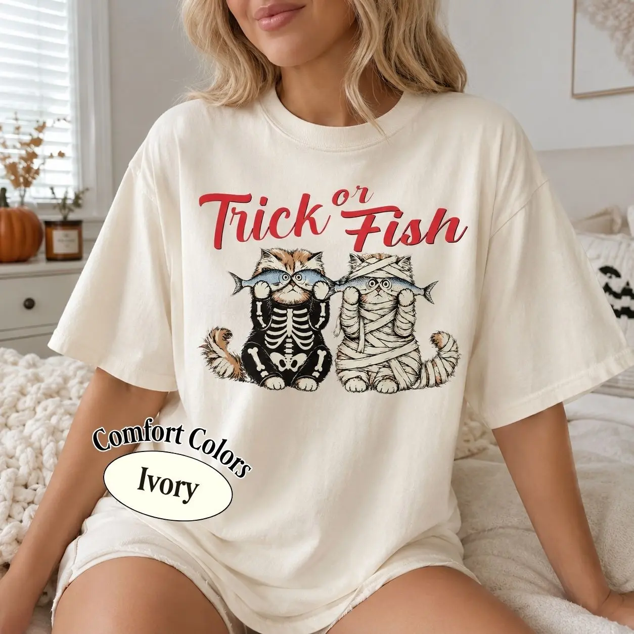 Comfort Colors Trick Or Fish Cat Shirt, Funny Skeleton And Mummy Halloween Graphic Tee, Spooky Lover Gift - photo 3