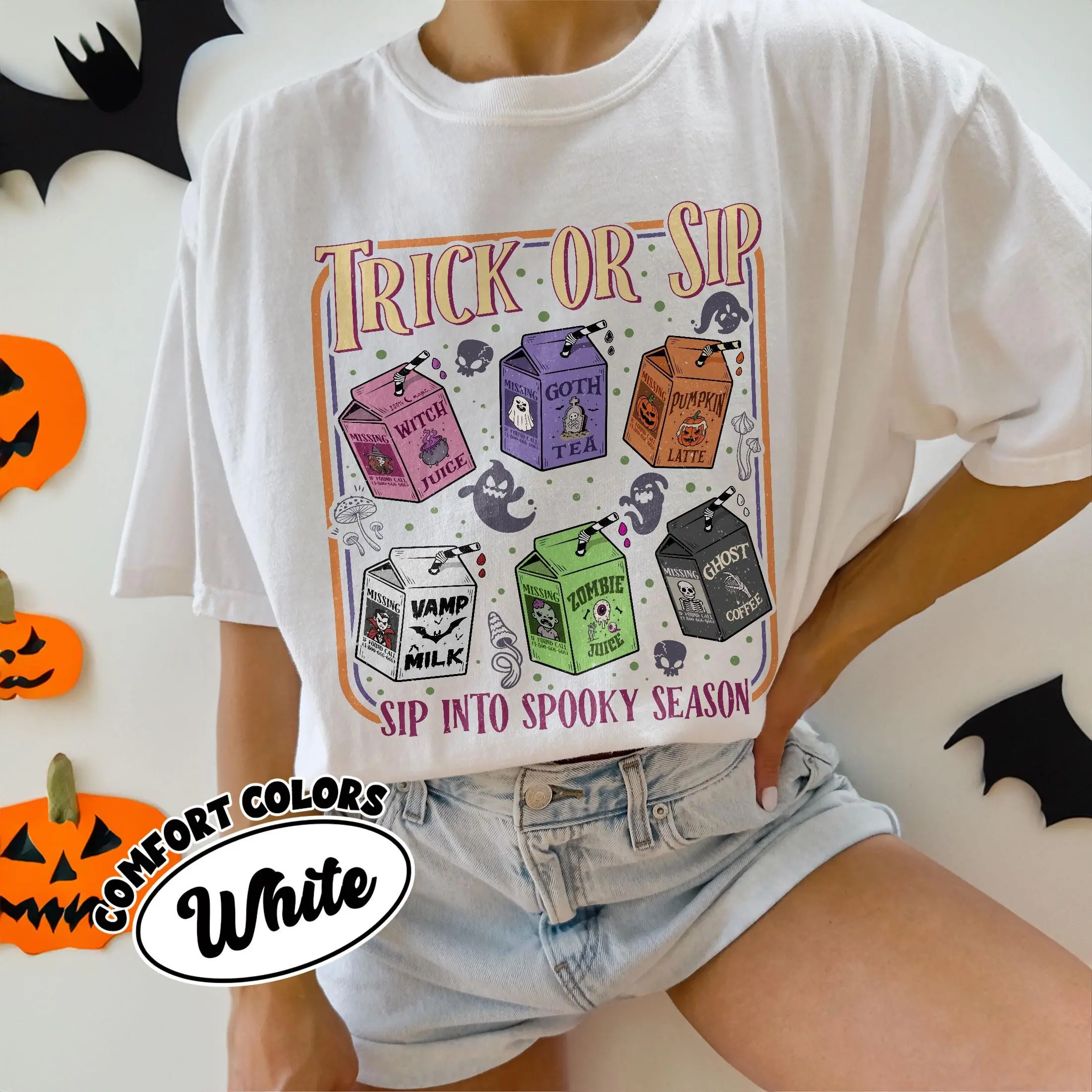 Comfort Colors Trick Or Sip Shirt, Spooky Halloween Drinks Tee, Cute Retro Juice Box Tshirt, Ghost Coffee Fall Gifts - photo 3