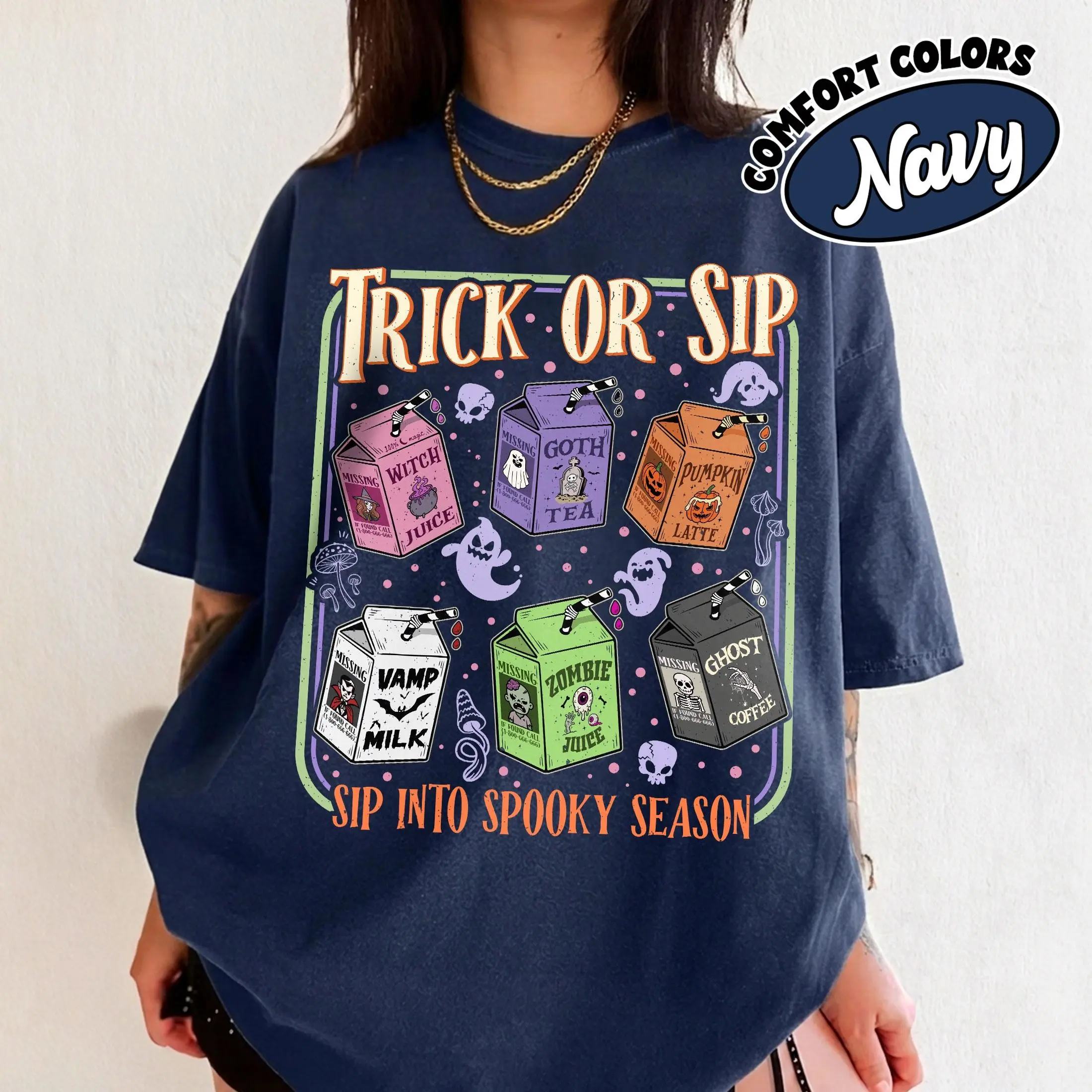 Comfort Colors Trick Or Sip Shirt, Spooky Halloween Drinks Tee, Cute Retro Juice Box Tshirt, Ghost Coffee Fall Gifts - photo 5
