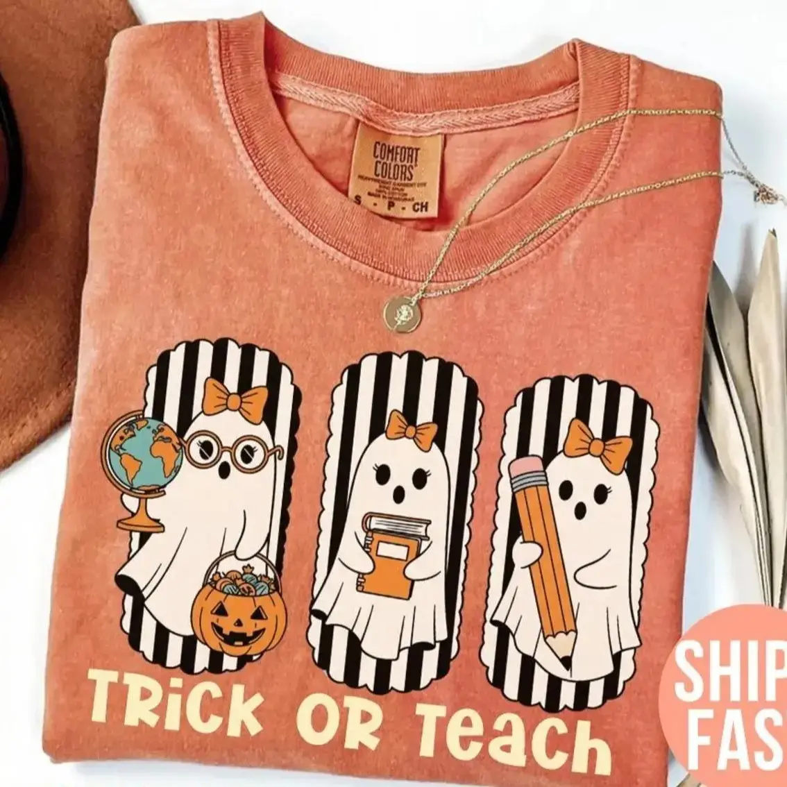 Comfort Colors Trick Or Teach Teacher Shirt, Retro Ghost Halloween Graphic Tee, Spooky Classroom Gift Top