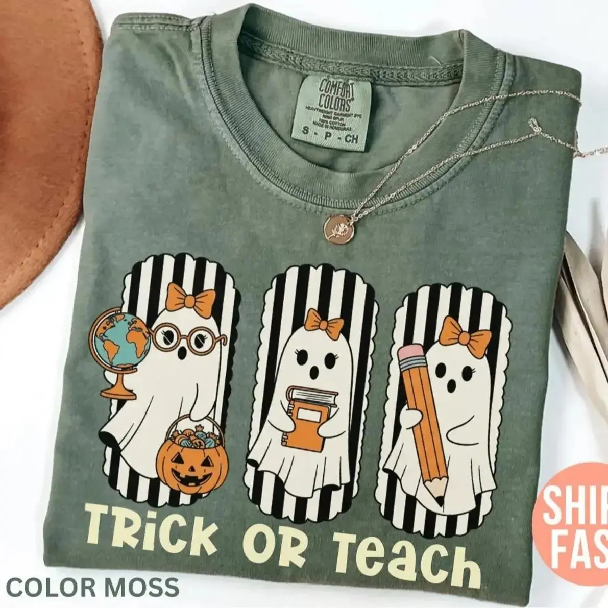 Comfort Colors Trick Or Teach Teacher Shirt, Retro Ghost Halloween Graphic Tee, Spooky Classroom Gift Top - photo 2