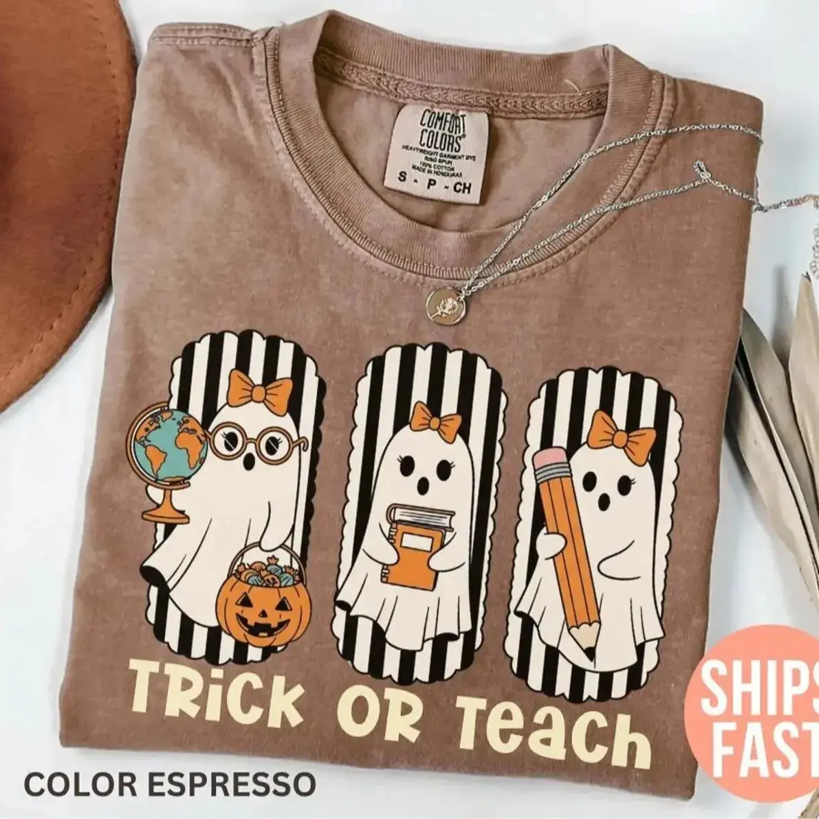 Comfort Colors Trick Or Teach Teacher Shirt, Retro Ghost Halloween Graphic Tee, Spooky Classroom Gift Top - photo 3