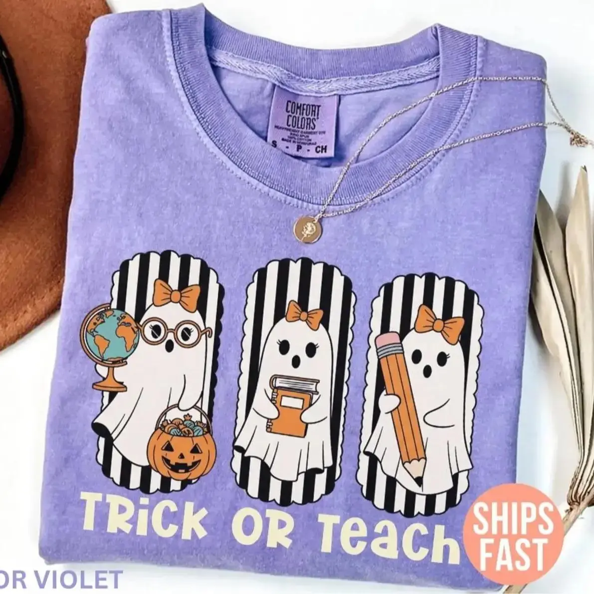 Comfort Colors Trick Or Teach Teacher Shirt, Retro Ghost Halloween Graphic Tee, Spooky Classroom Gift Top - photo 4