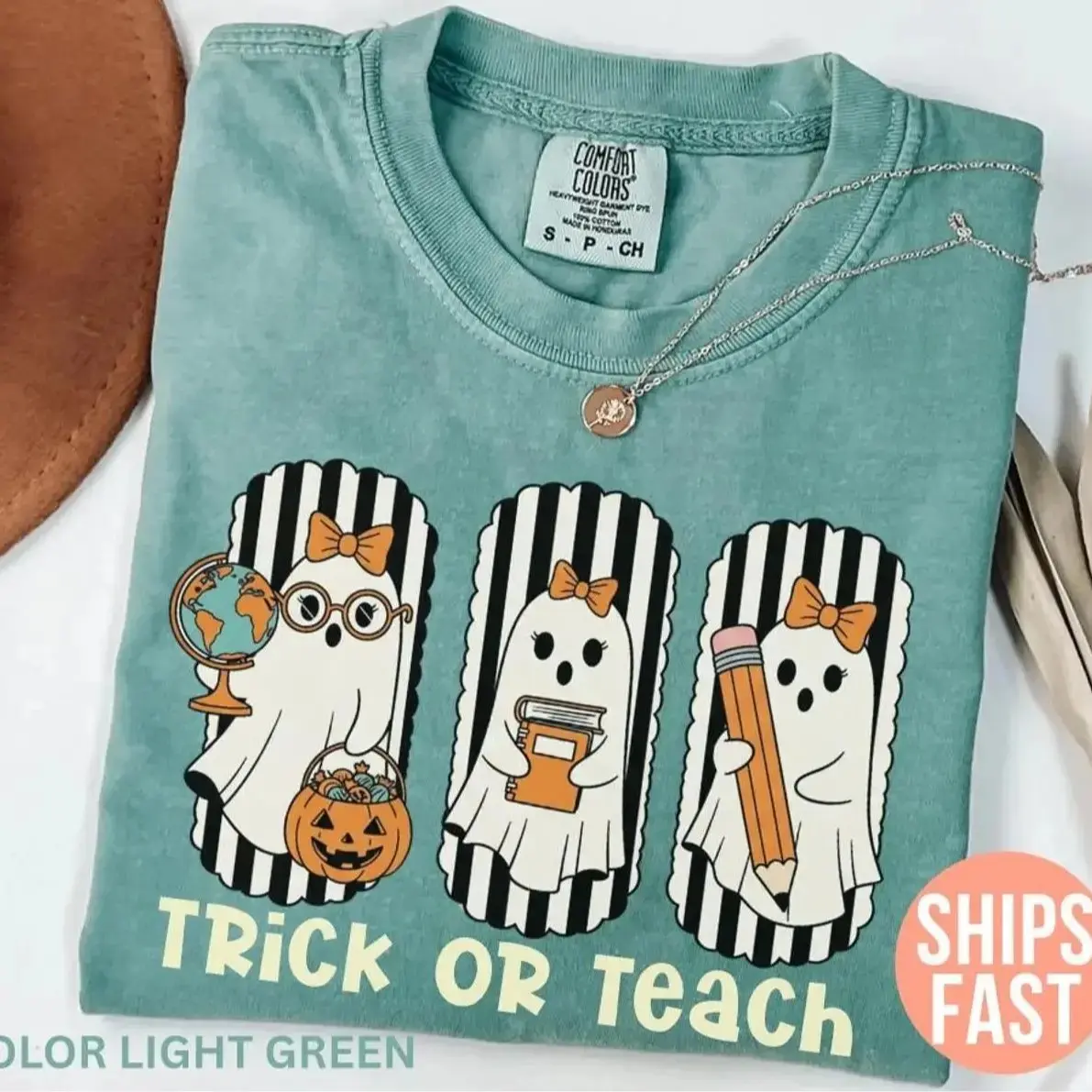 Comfort Colors Trick Or Teach Teacher Shirt, Retro Ghost Halloween Graphic Tee, Spooky Classroom Gift Top - photo 5
