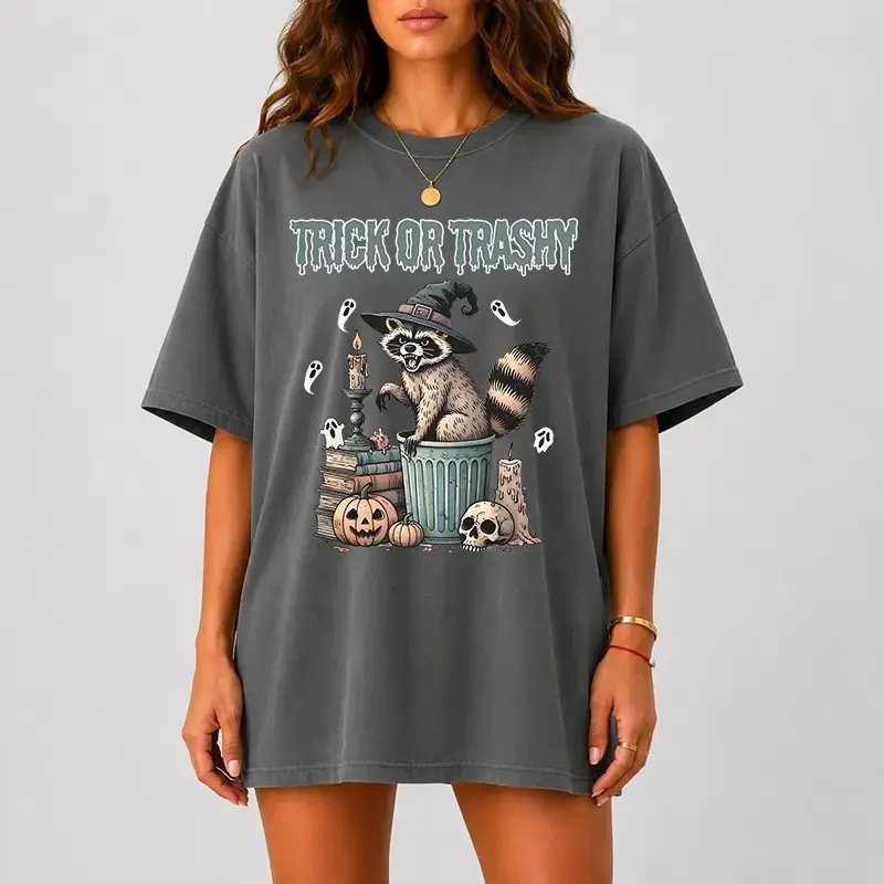 Comfort Colors Trick Or Trash Raccoon Halloween Shirt, Funny Spooky Panda Tee, Cute Vintage Fall Women Top