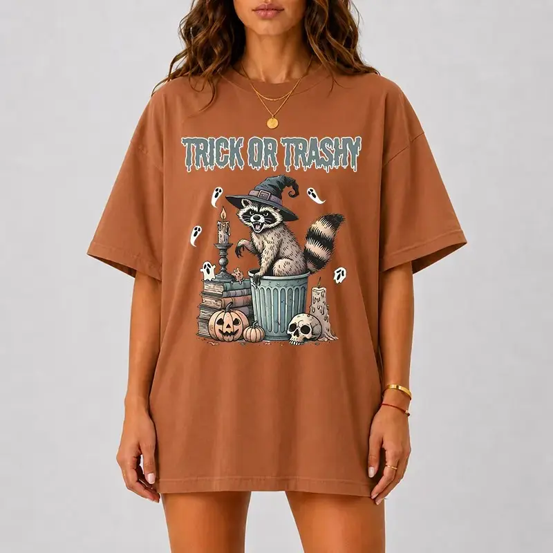 Comfort Colors Trick Or Trash Raccoon Halloween Shirt, Funny Spooky Panda Tee, Cute Vintage Fall Women Top - photo 2