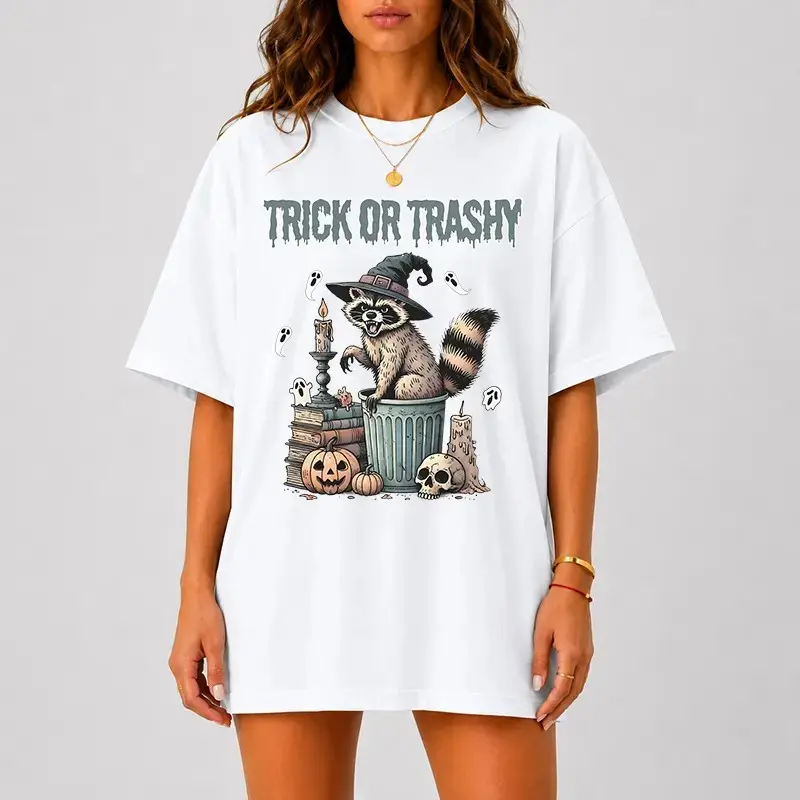 Comfort Colors Trick Or Trash Raccoon Halloween Shirt, Funny Spooky Panda Tee, Cute Vintage Fall Women Top - photo 3
