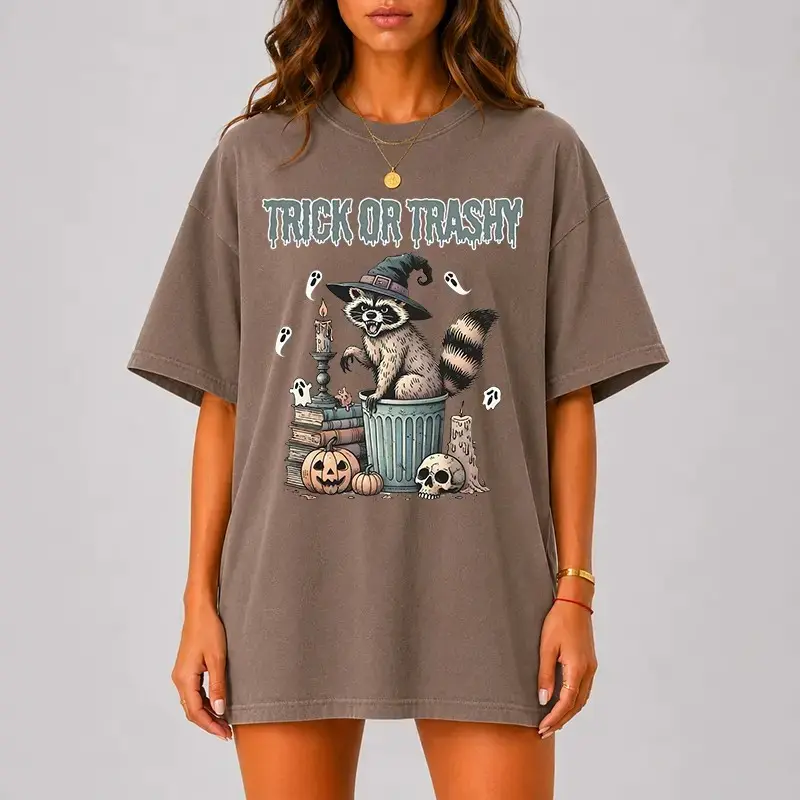 Comfort Colors Trick Or Trash Raccoon Halloween Shirt, Funny Spooky Panda Tee, Cute Vintage Fall Women Top - photo 5