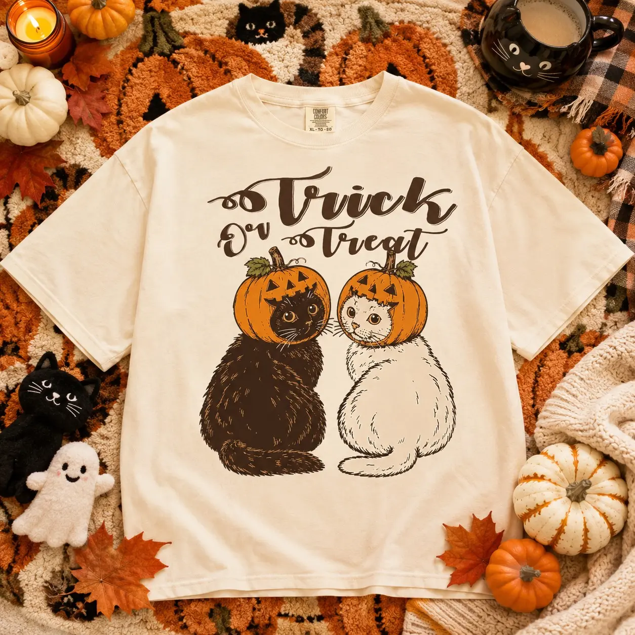 Comfort Colors Trick Or Treat Pumpkin Cat Shirt, Cute Black And White Halloween Retro Fall Season Graphic Tee