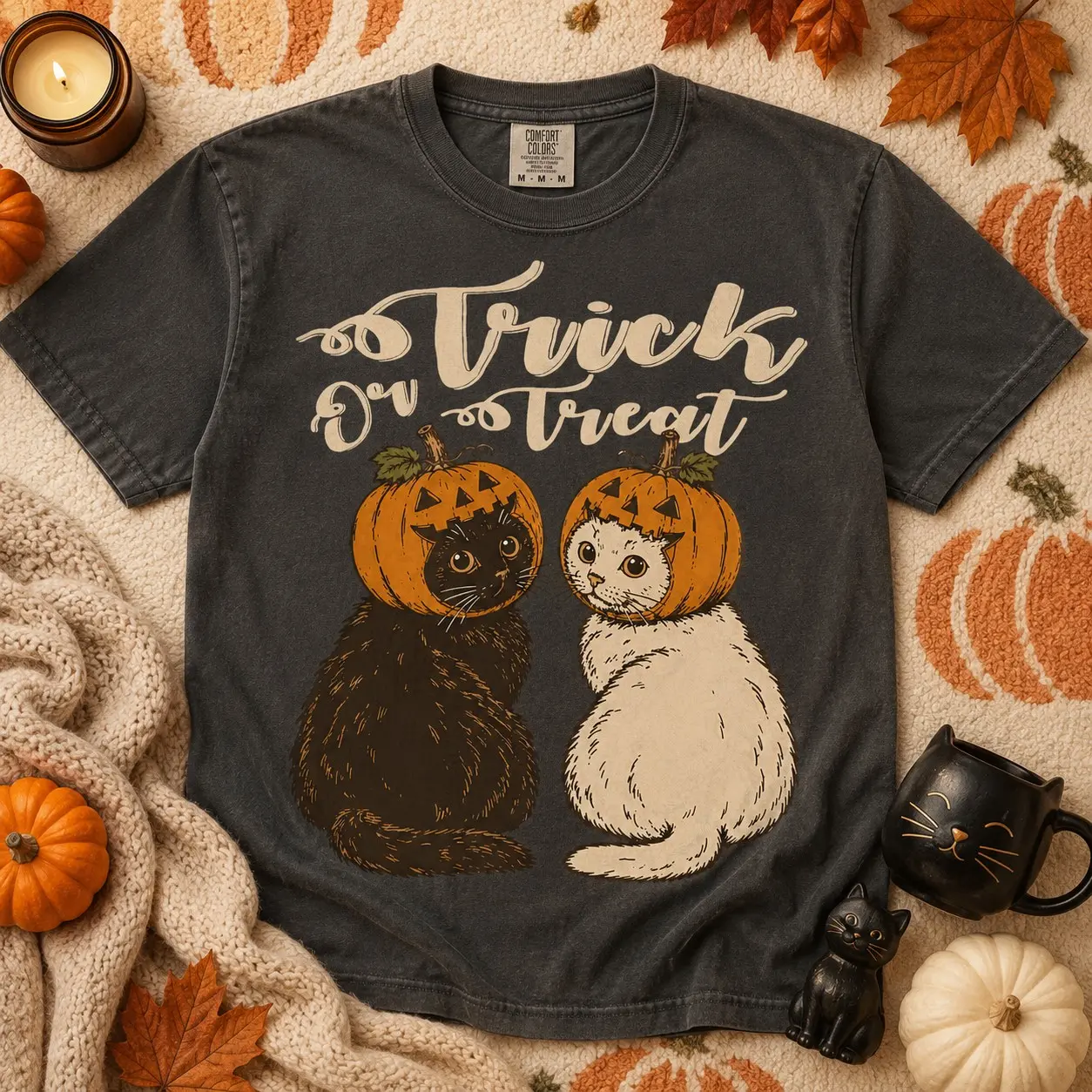 Comfort Colors Trick Or Treat Pumpkin Cat Shirt, Cute Black And White Halloween Retro Fall Season Graphic Tee - photo 2