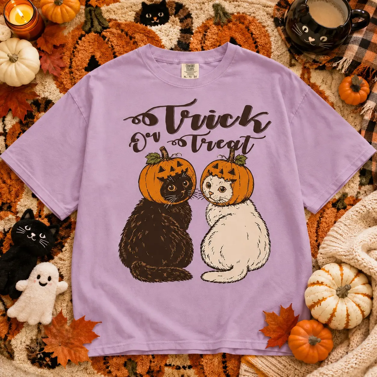 Comfort Colors Trick Or Treat Pumpkin Cat Shirt, Cute Black And White Halloween Retro Fall Season Graphic Tee - photo 3