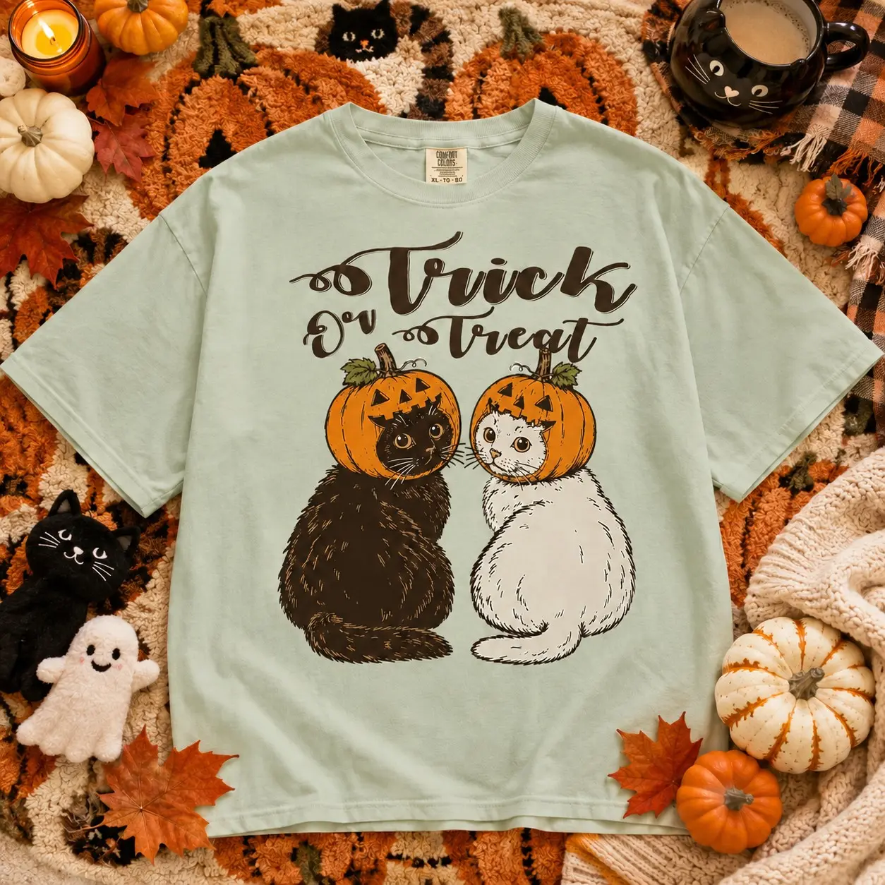 Comfort Colors Trick Or Treat Pumpkin Cat Shirt, Cute Black And White Halloween Retro Fall Season Graphic Tee - photo 4