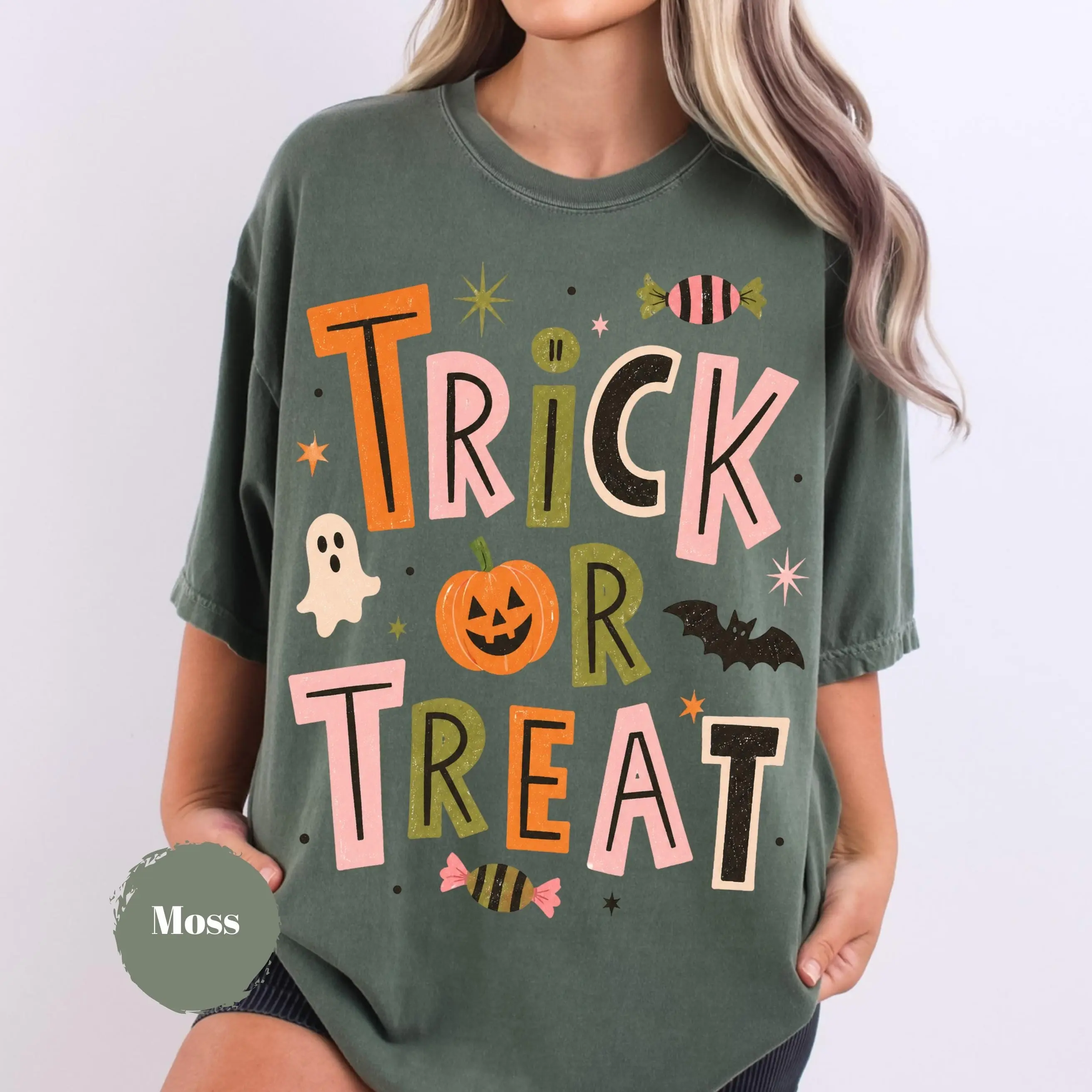 Comfort Colors Trick or Treat Shirt, Retro Pumpkin Season Vintage Spooky Fall Aesthetic Halloween Graphic Tee