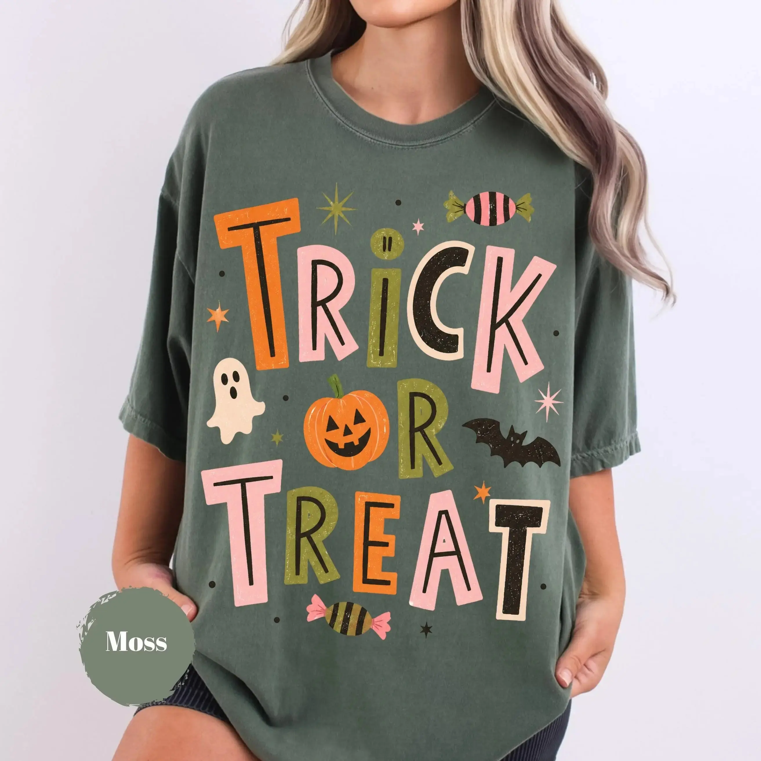 Comfort Colors Trick or Treat Shirt, Vintage Retro Pumpkin Spooky Season Fall Halloween Graphic Tee