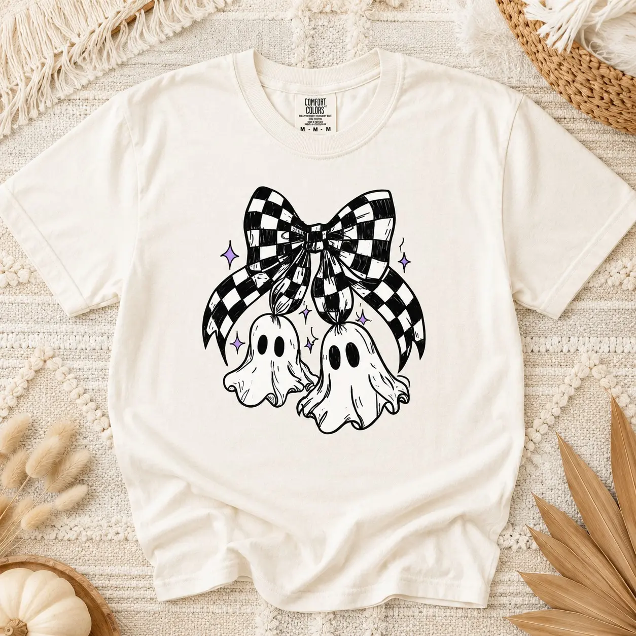 Comfort Colors Twin Ghost Duo Checkered Ribbon Bow Shirt, Vintage Halloween Spooky Fall Tee for Women - photo 2