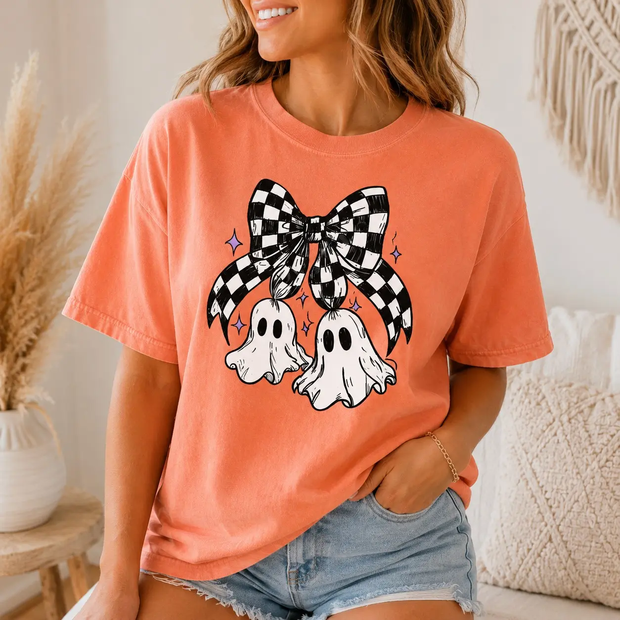 Comfort Colors Twin Ghosts Checkered Ribbon Bow Shirt, Trick or Treat Graphic Tee for Girls