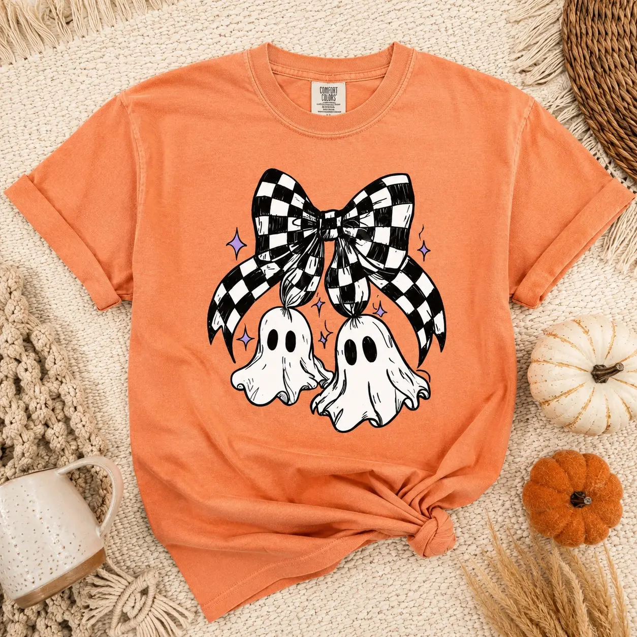 Comfort Colors Twin Ghosts Checkered Ribbon Bow Shirt, Trick or Treat Graphic Tee for Girls - photo 2