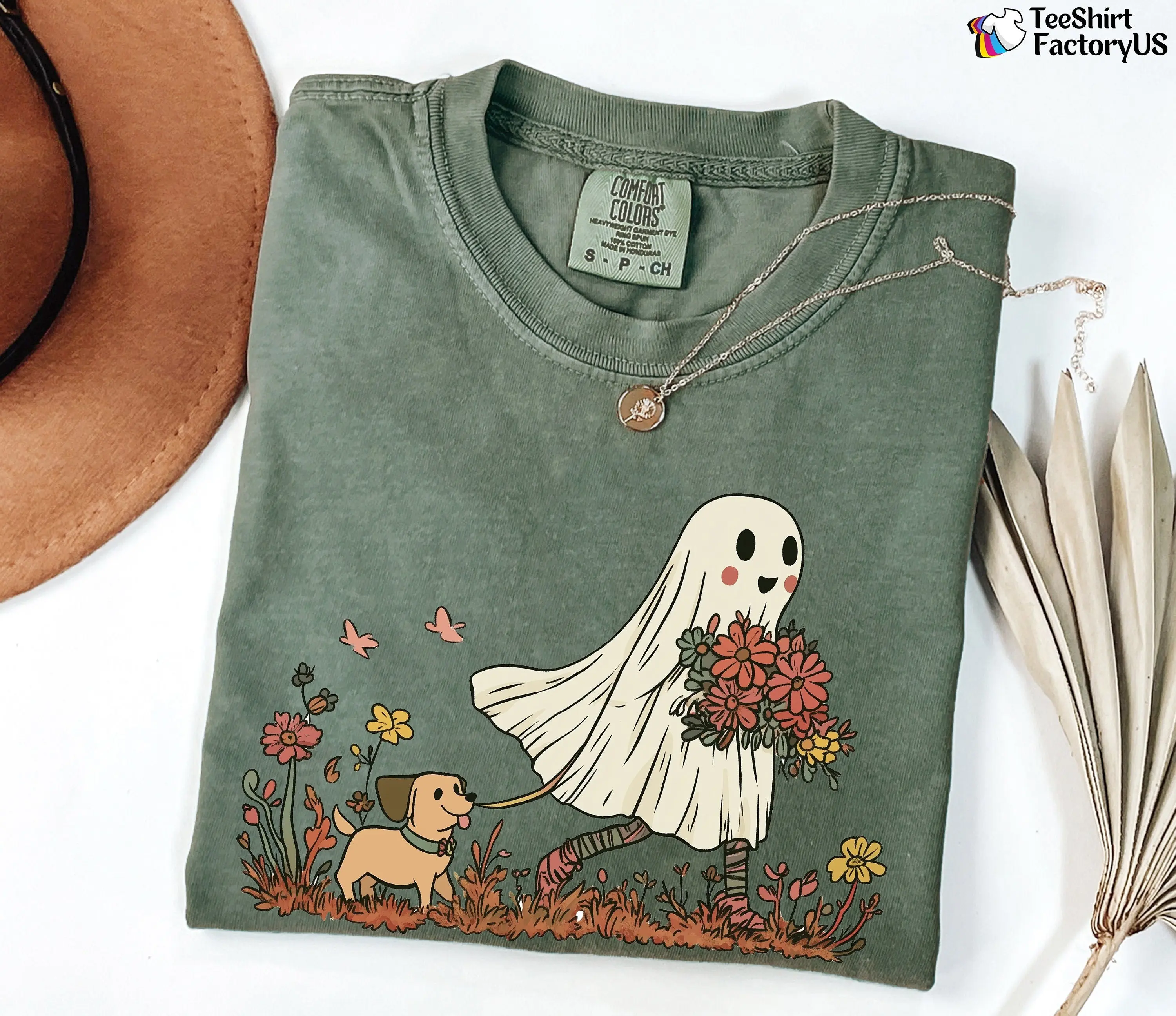 Comfort Colors Cute Ghost Dog Shirt, Floral Halloween Graphic Tee, Pet Lover Fall Gift for Women