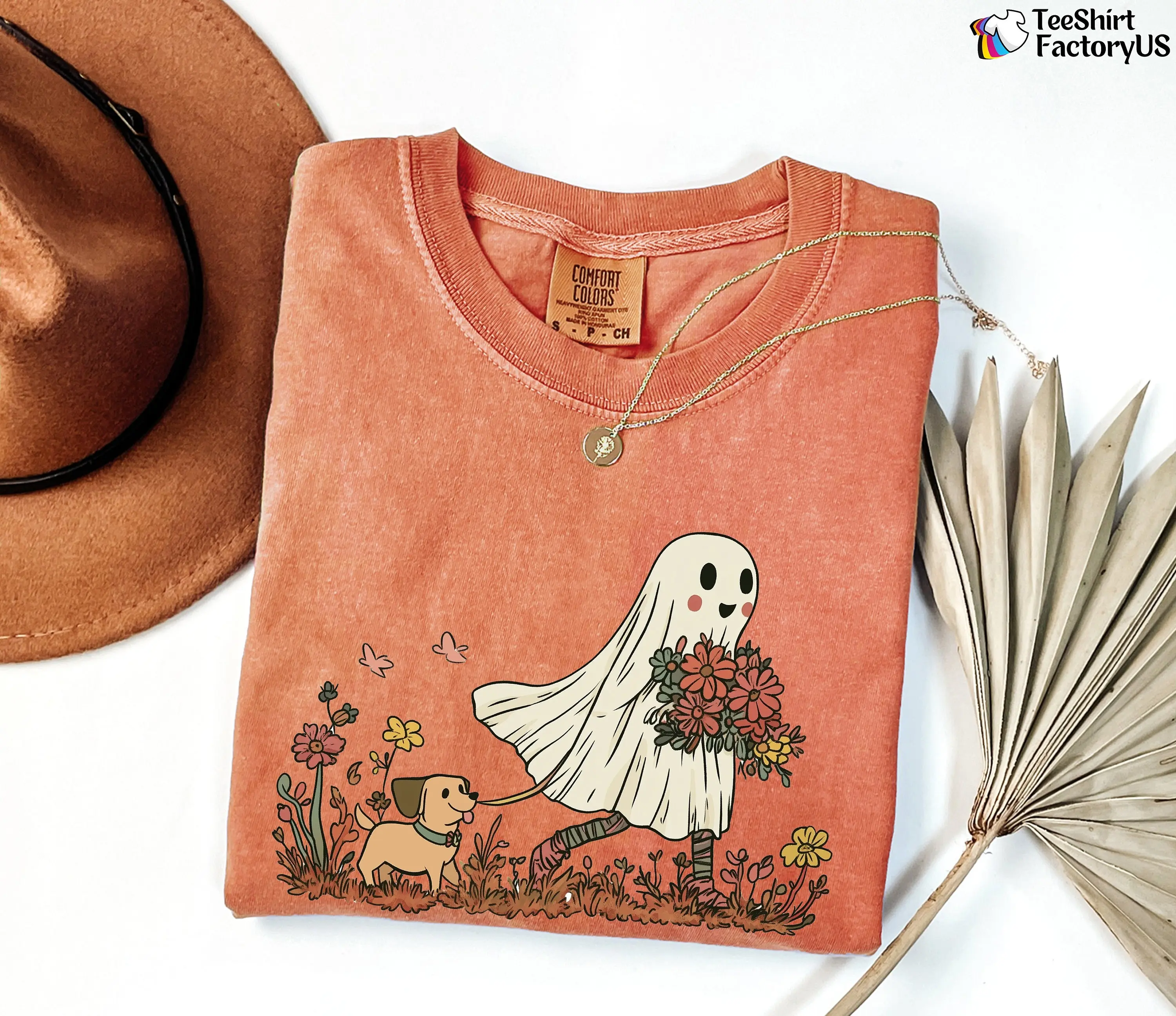 Comfort Colors Cute Ghost Dog Shirt, Floral Halloween Graphic Tee, Pet Lover Fall Gift for Women - photo 2