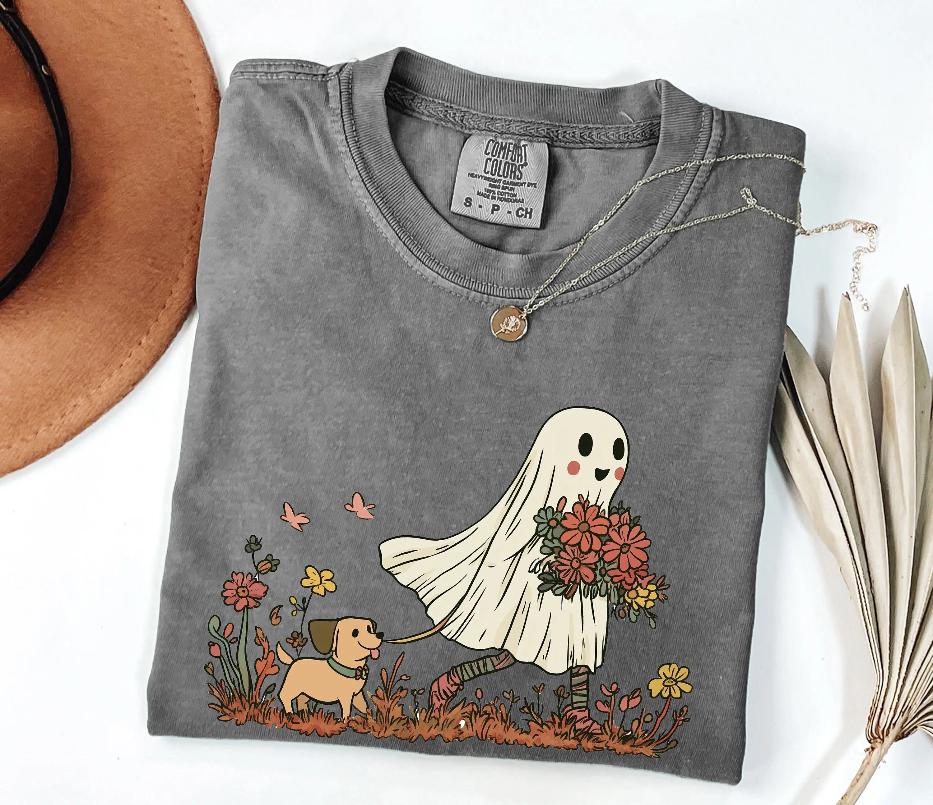 Comfort Colors Cute Ghost Dog Shirt, Floral Halloween Graphic Tee, Pet Lover Fall Gift for Women - photo 3