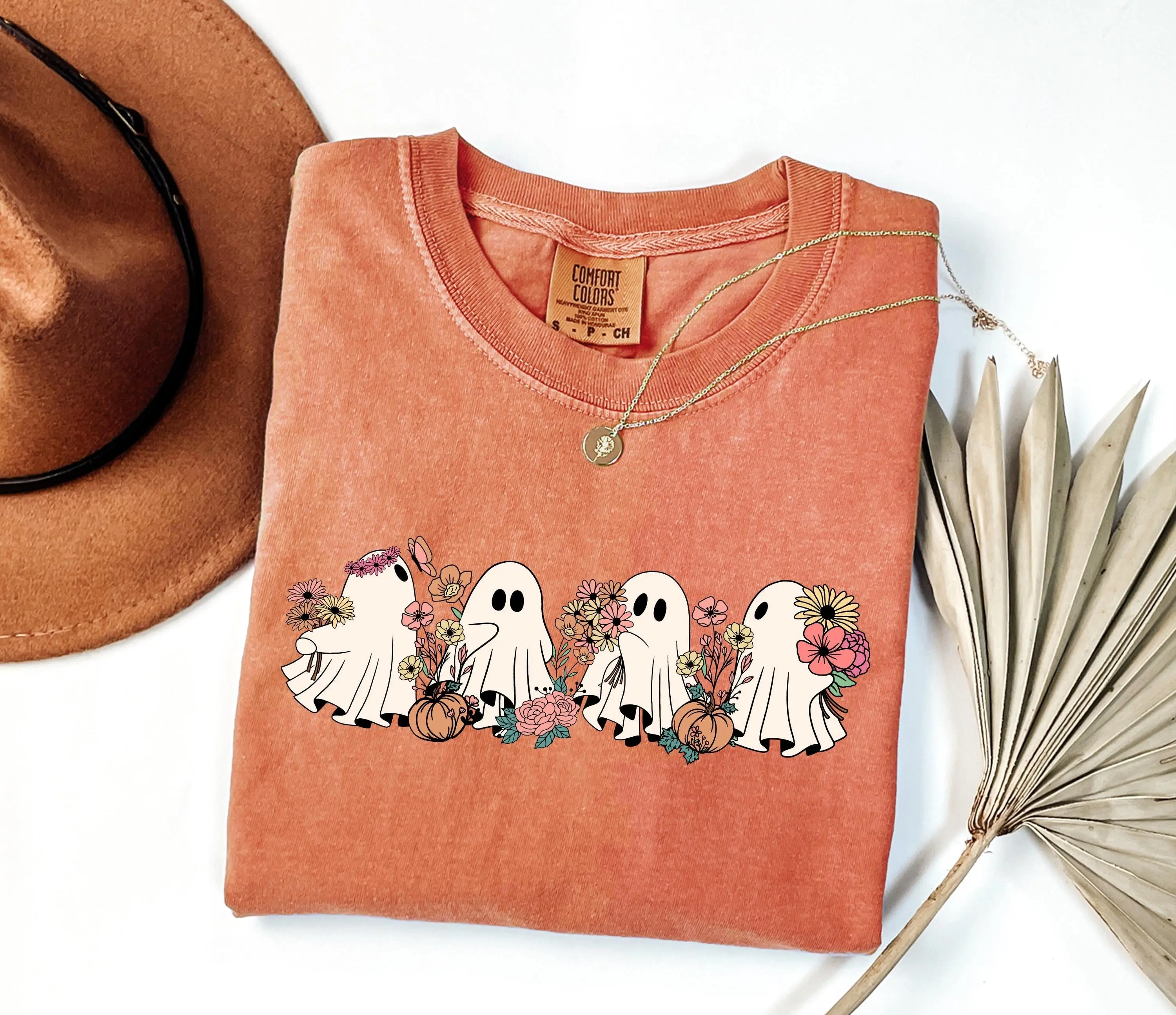 Comfort Colors Cute Ghost Floral Shirt, Spooky Season Tee, Halloween Party Outfit Gift for Women - photo 2
