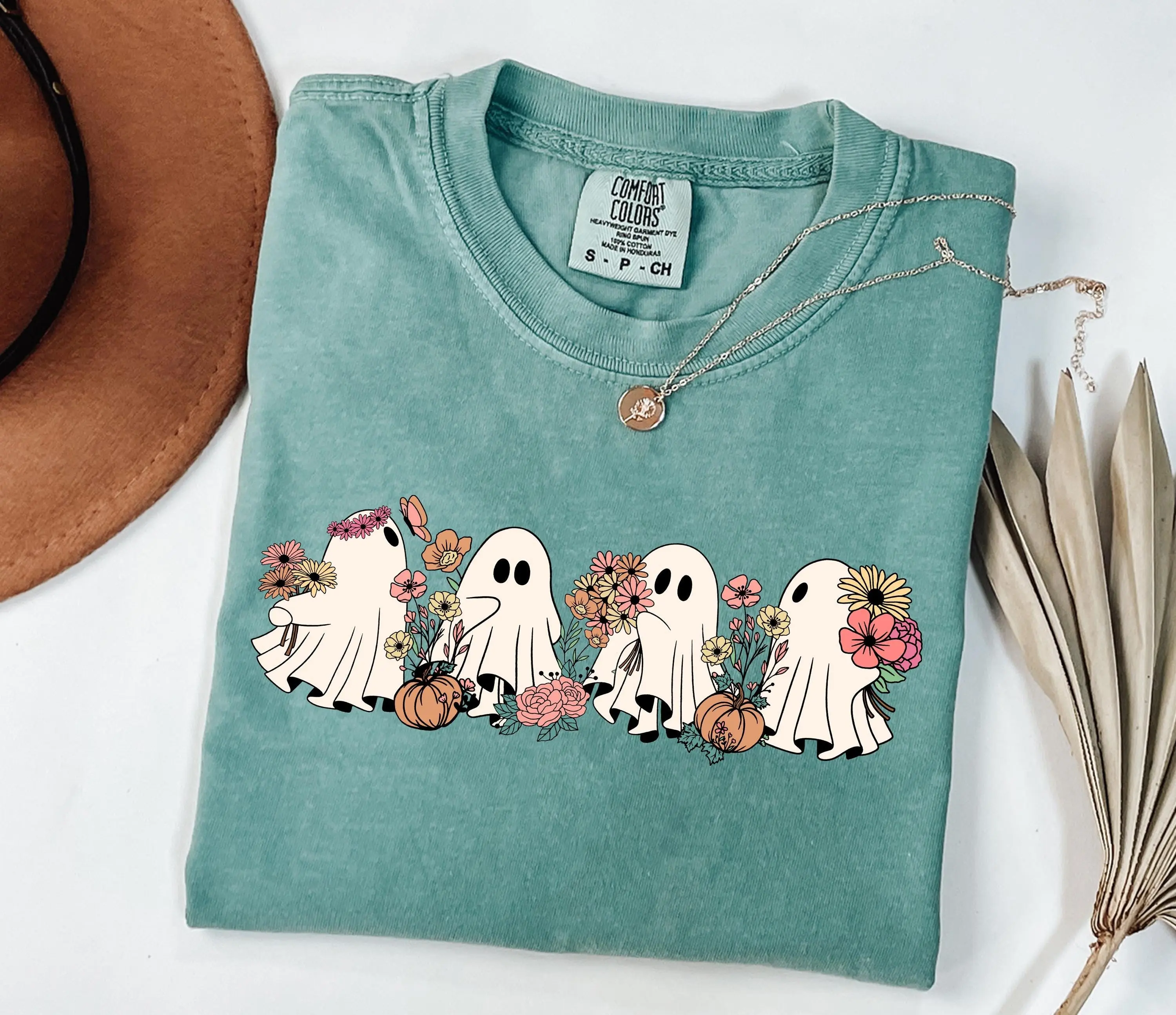 Comfort Colors Cute Ghost Floral Shirt, Spooky Season Tee, Halloween Party Outfit Gift for Women - photo 5
