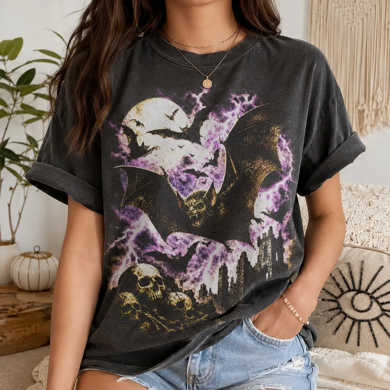 Comfort Colors Vampire Bat Skulls Castle Moon Shirt, Spooky Gothic Halloween Night October Graphic Tee