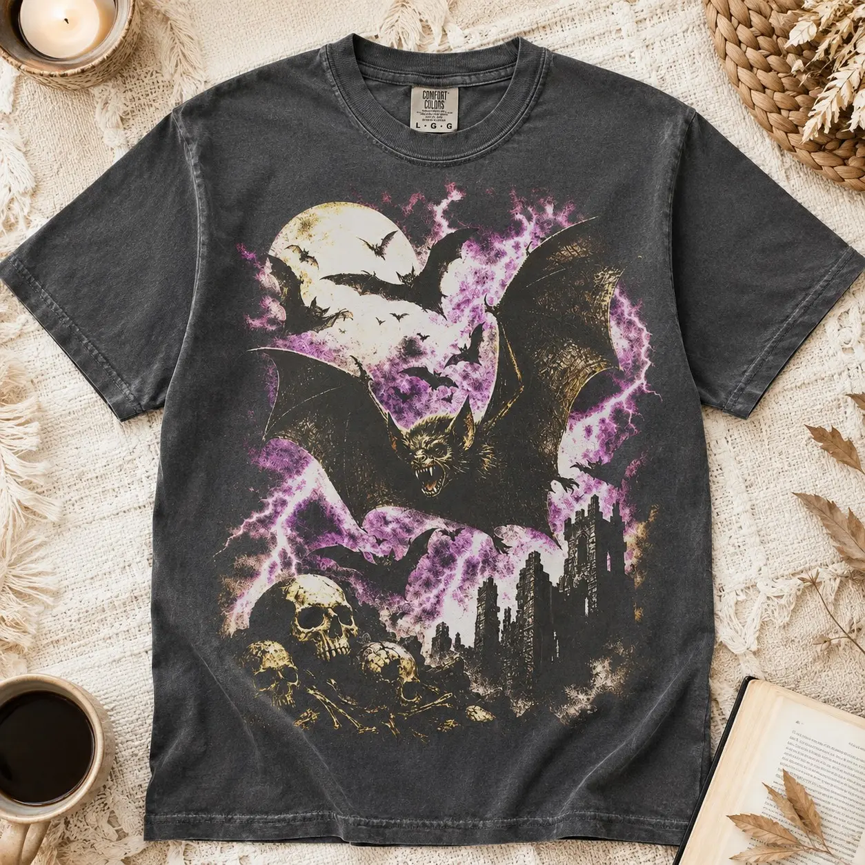 Comfort Colors Vampire Bat Skulls Castle Moon Shirt, Spooky Gothic Halloween Night October Graphic Tee - photo 2