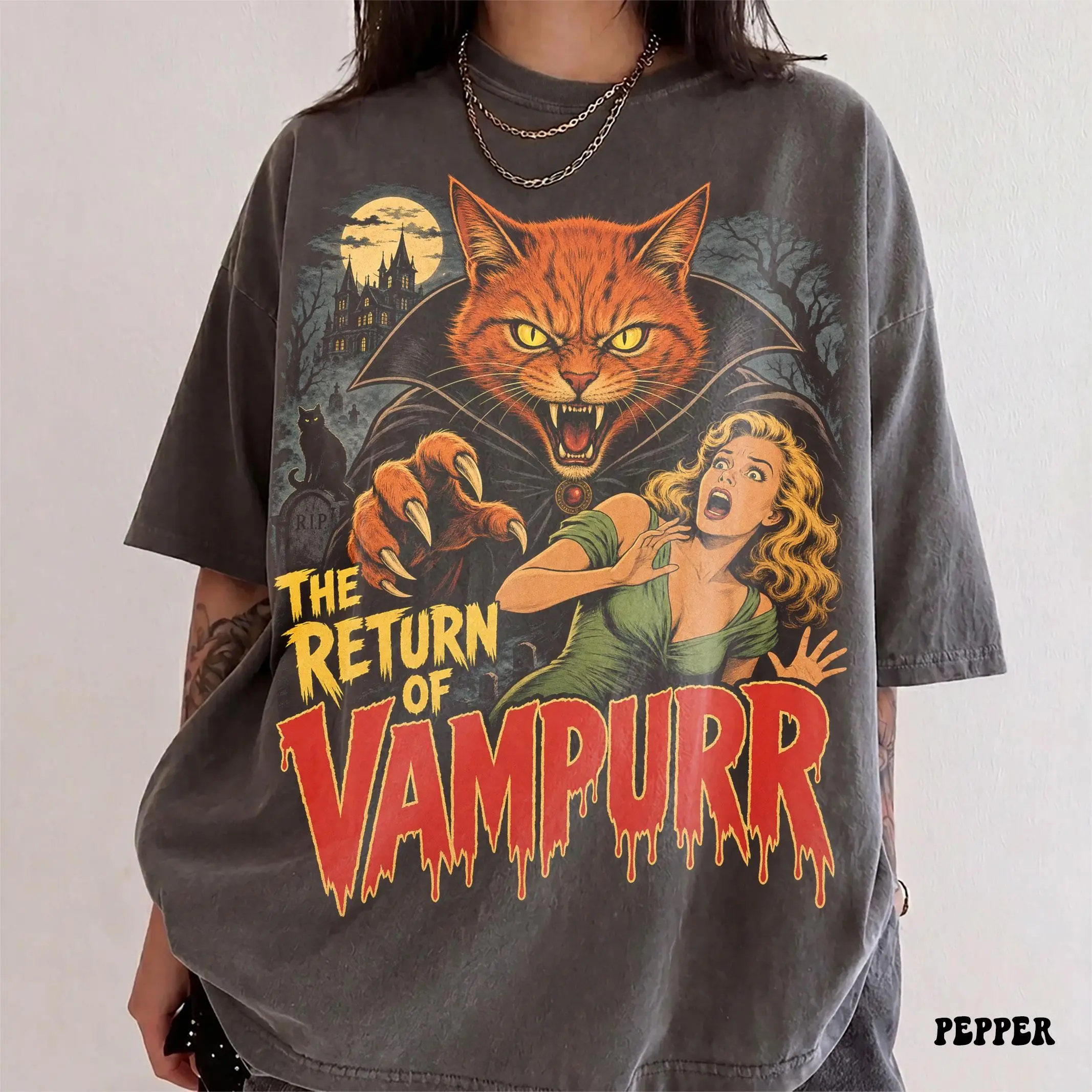 Comfort Colors The Return of Vampurr Retro Horror Cat Shirt, Halloween Vampire Lover Graphic Tee