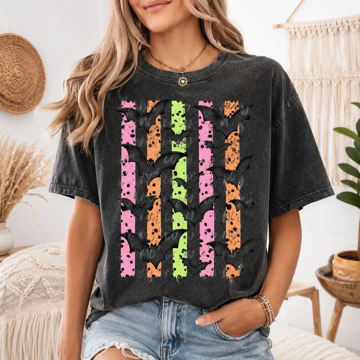 Comfort Colors Neon Striped Flying Bats Shirt, Edgy Retro Haunted Night October Tee for Women