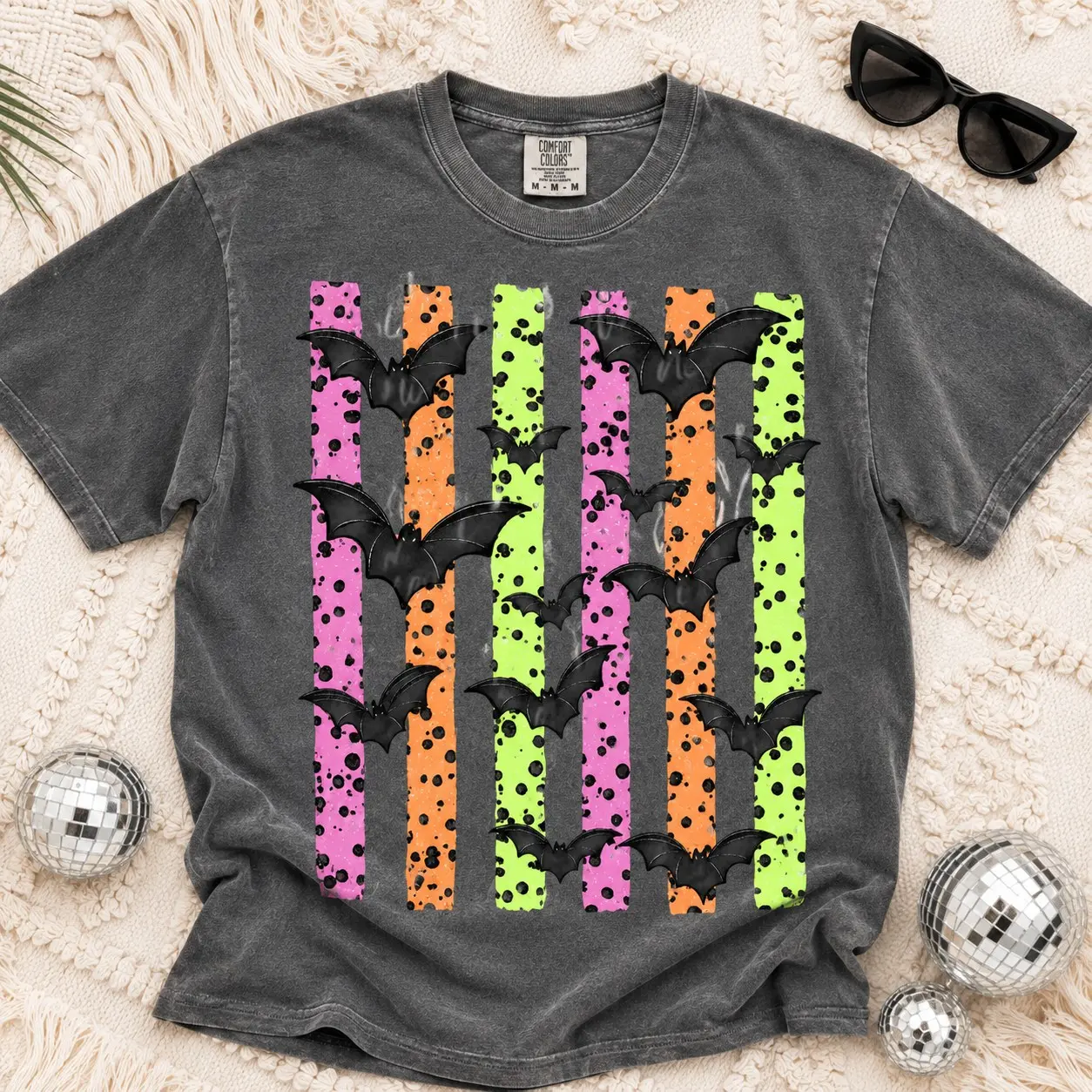 Comfort Colors Neon Striped Flying Bats Shirt, Edgy Retro Haunted Night October Tee for Women - photo 2