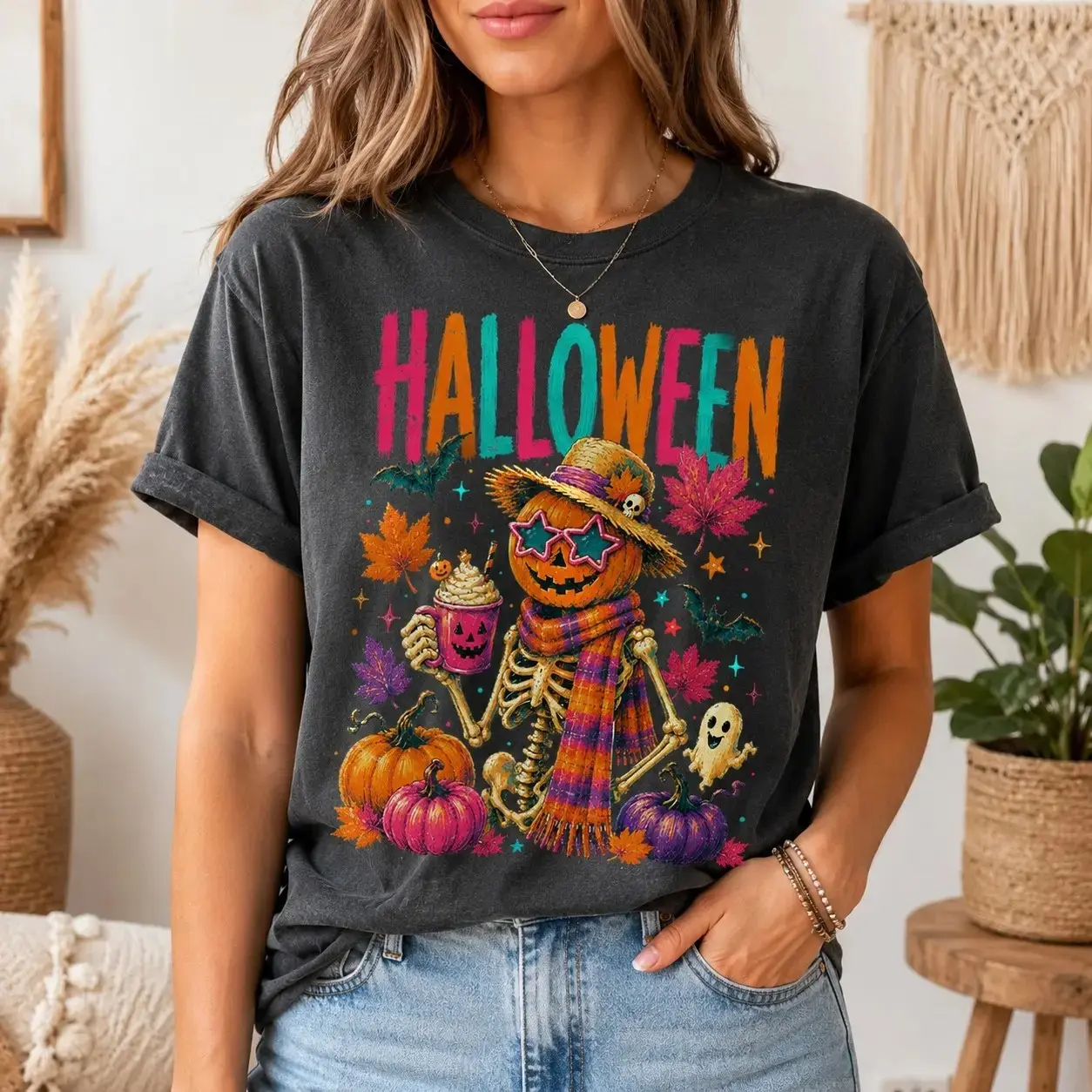 Comfort Colors Vibrant Skeleton Pumpkin Spice Shirt for Women, Groovy Retro Halloween Party Graphic Tee, Cute Spooky October Gift