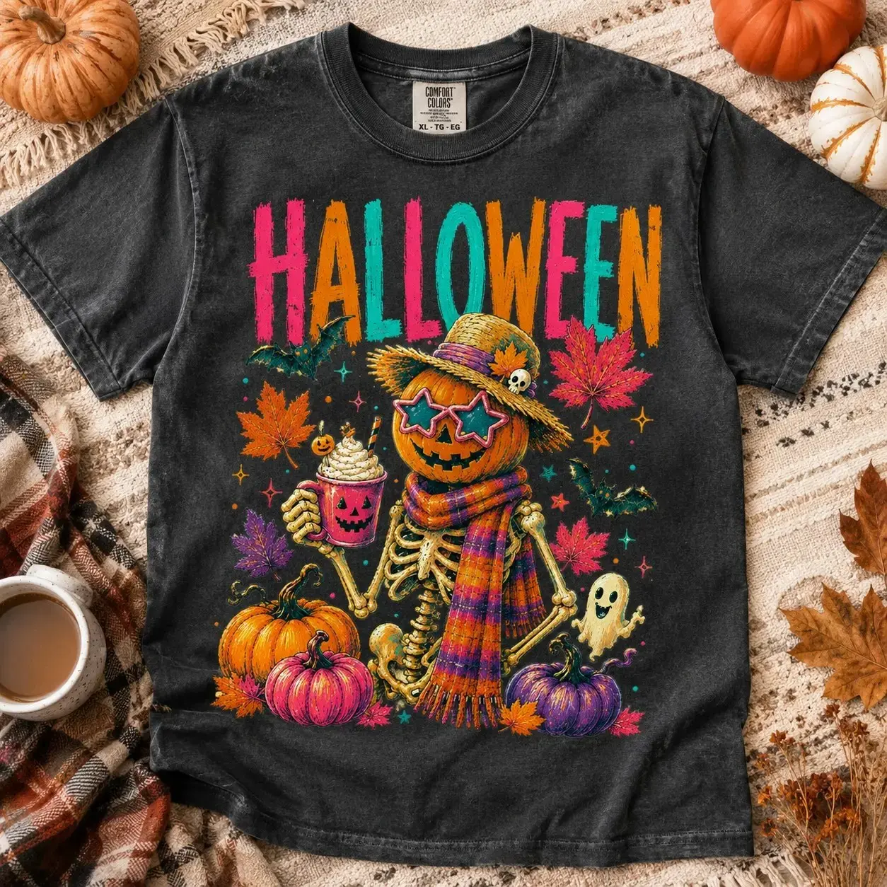 Comfort Colors Vibrant Skeleton Pumpkin Spice Shirt for Women, Groovy Retro Halloween Party Graphic Tee, Cute Spooky October Gift - photo 2