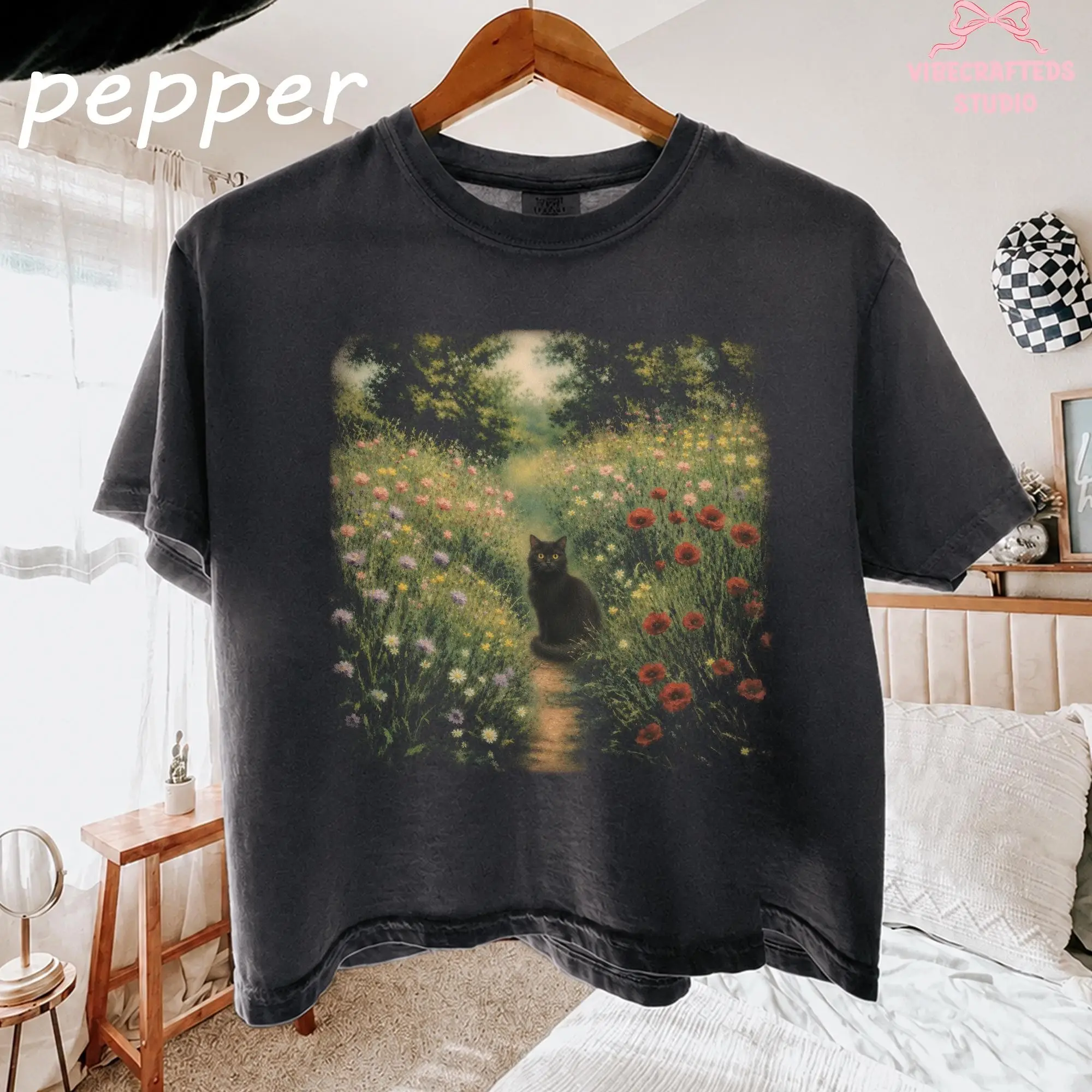 Comfort Colors Vintage Black Cat Wildflower Meadow Tee, Cottagecore Botanical Garden Shirt, Nature Aesthetic Cat Lover Gift