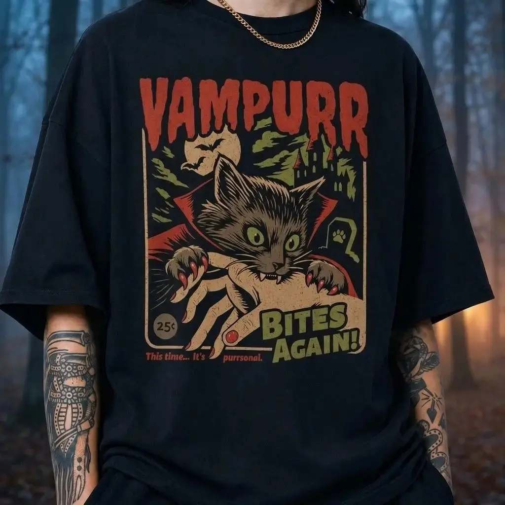 Comfort Colors Vampurr Bites Again Vintage Black Cat Halloween Shirt, Funny Retro Horror Vampire Tee