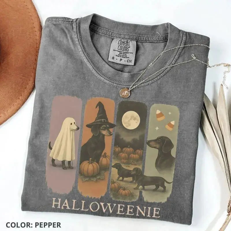Comfort Colors Vintage Dachshund Halloween T-Shirt, Womens Cute Wiener Pumpkin Graphic Tee, Retro Fall Dog Mom Gift