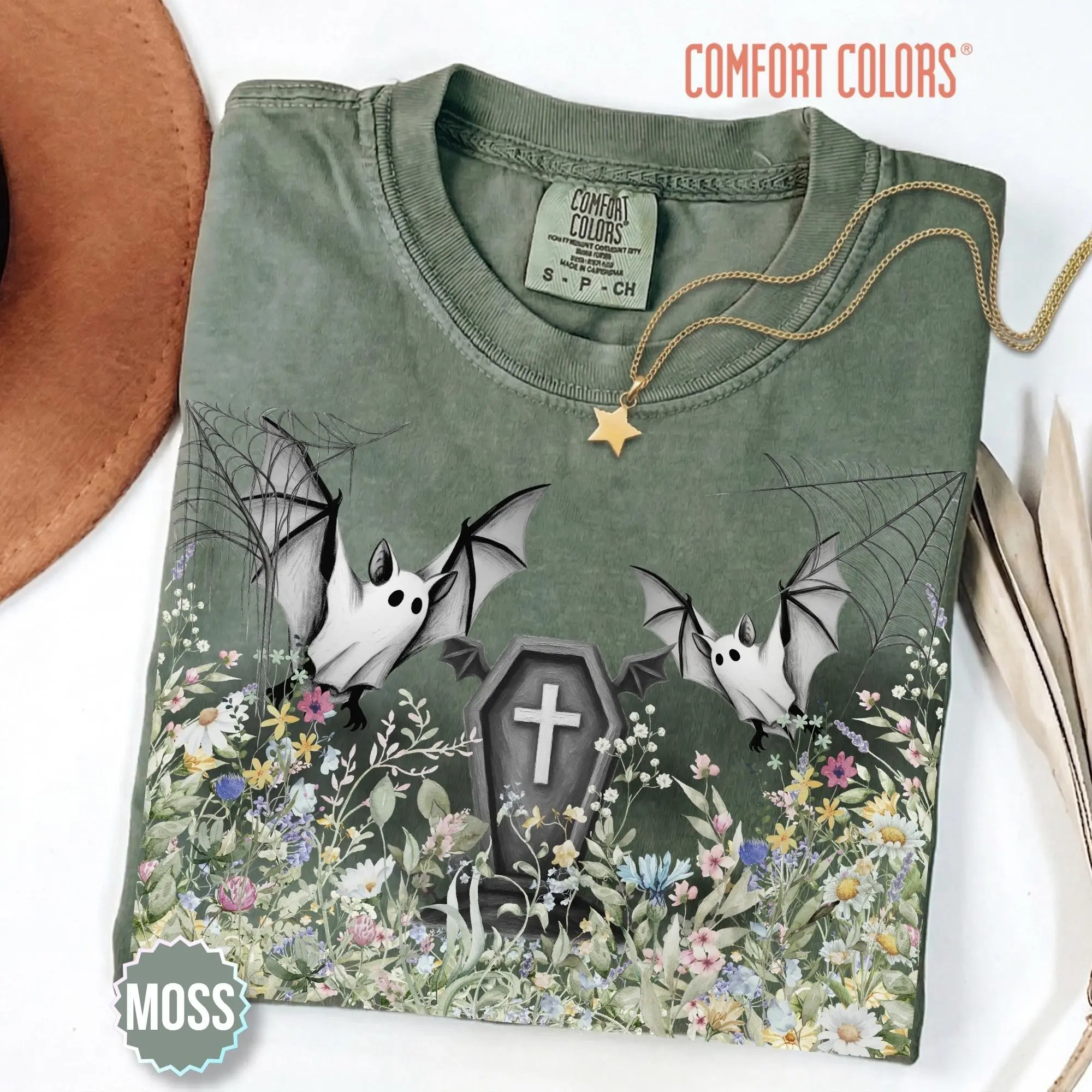 Comfort Colors Vintage Ghost Bat Shirt, Cottagecore Retro Botanical Spooky Season Halloween Graphic Tee
