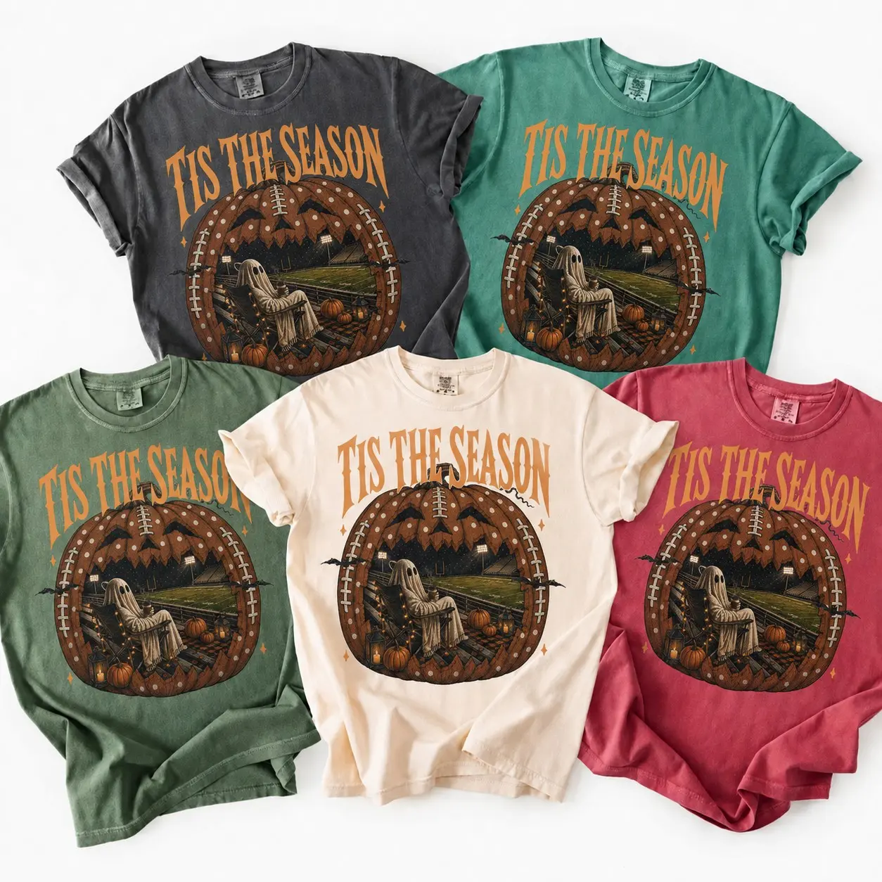 Comfort Colors Vintage Halloween Football T-Shirt, Tis The Season Ghost Tee, Spooky Game Day Pumpkin Top